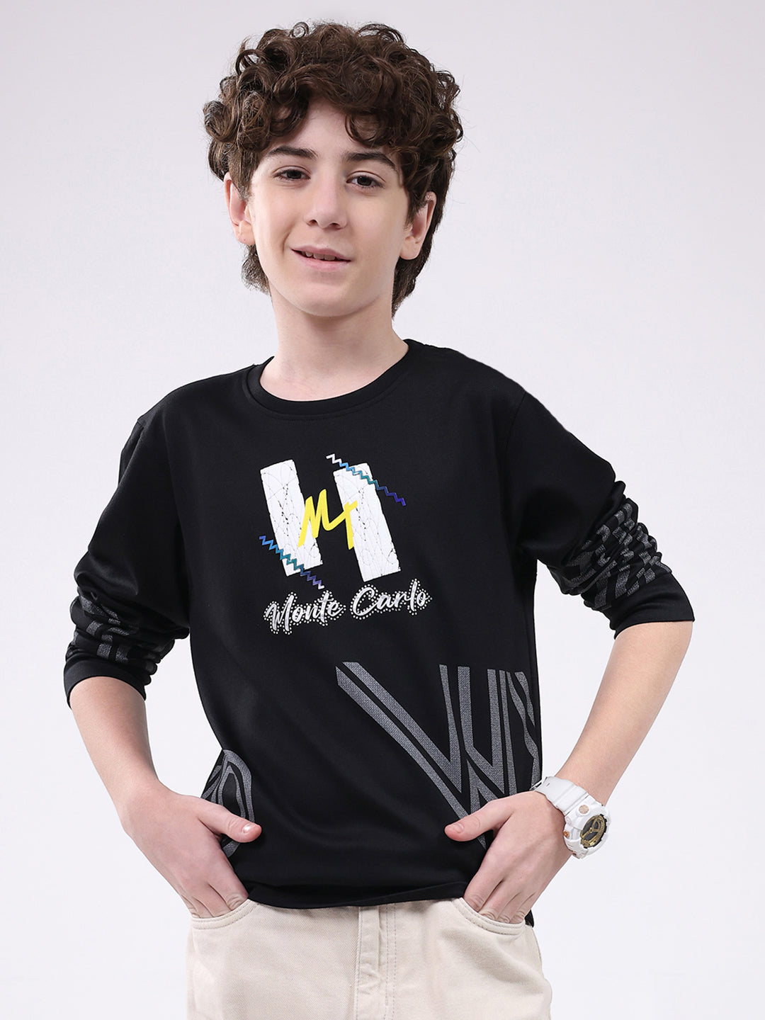 Boys Black Printed Round Neck Full Sleeve Winter T-Shirt