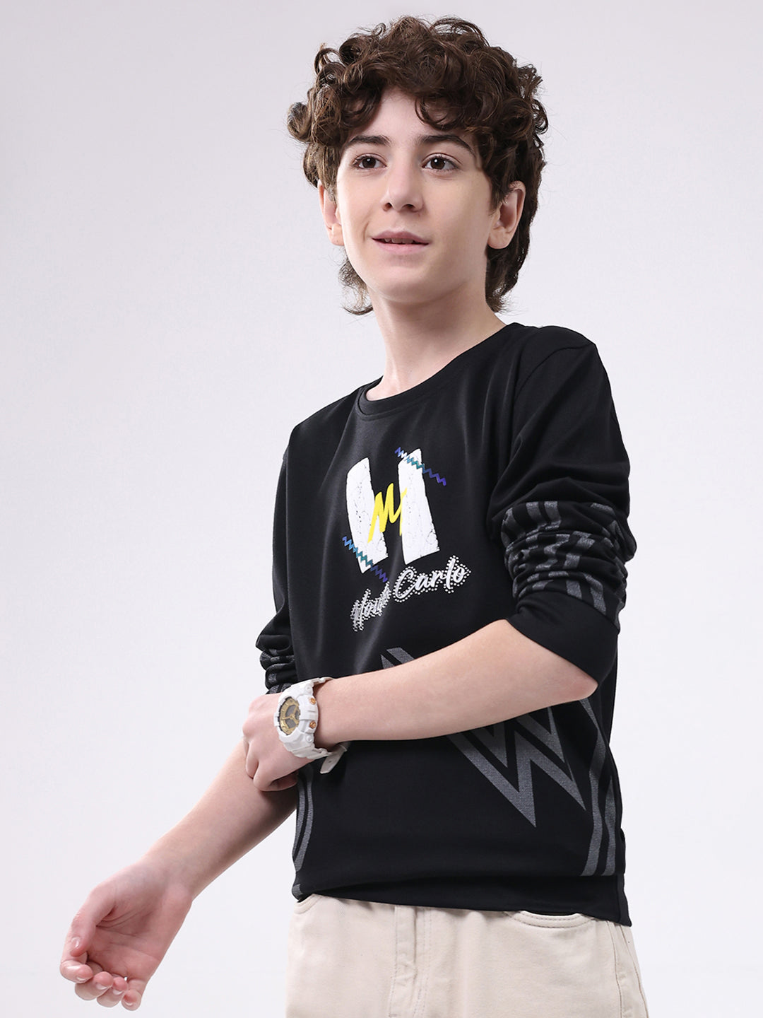 Boys Black Printed Round Neck Full Sleeve Winter T-Shirt