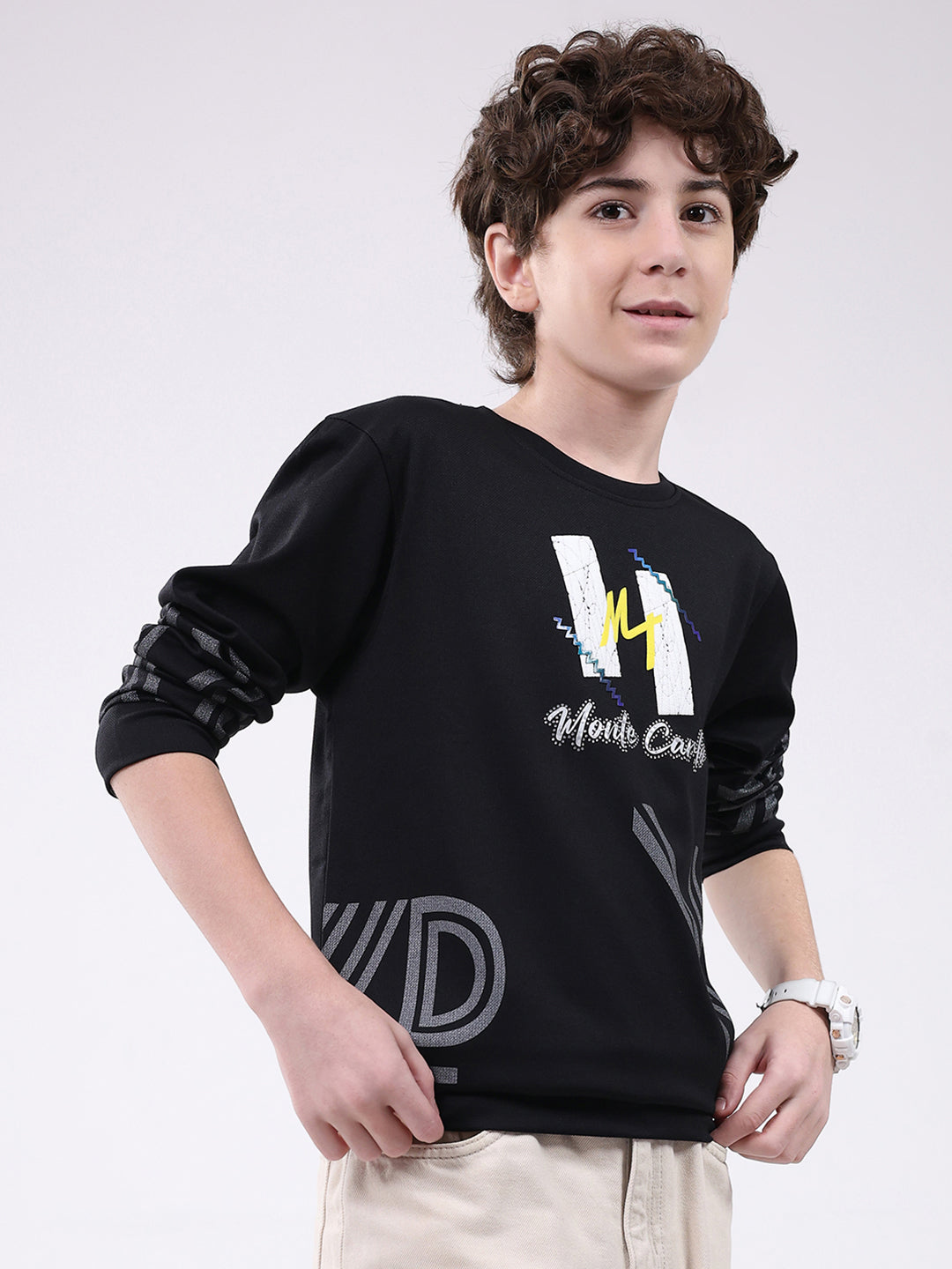 Boys Black Printed Round Neck Full Sleeve Winter T-Shirt