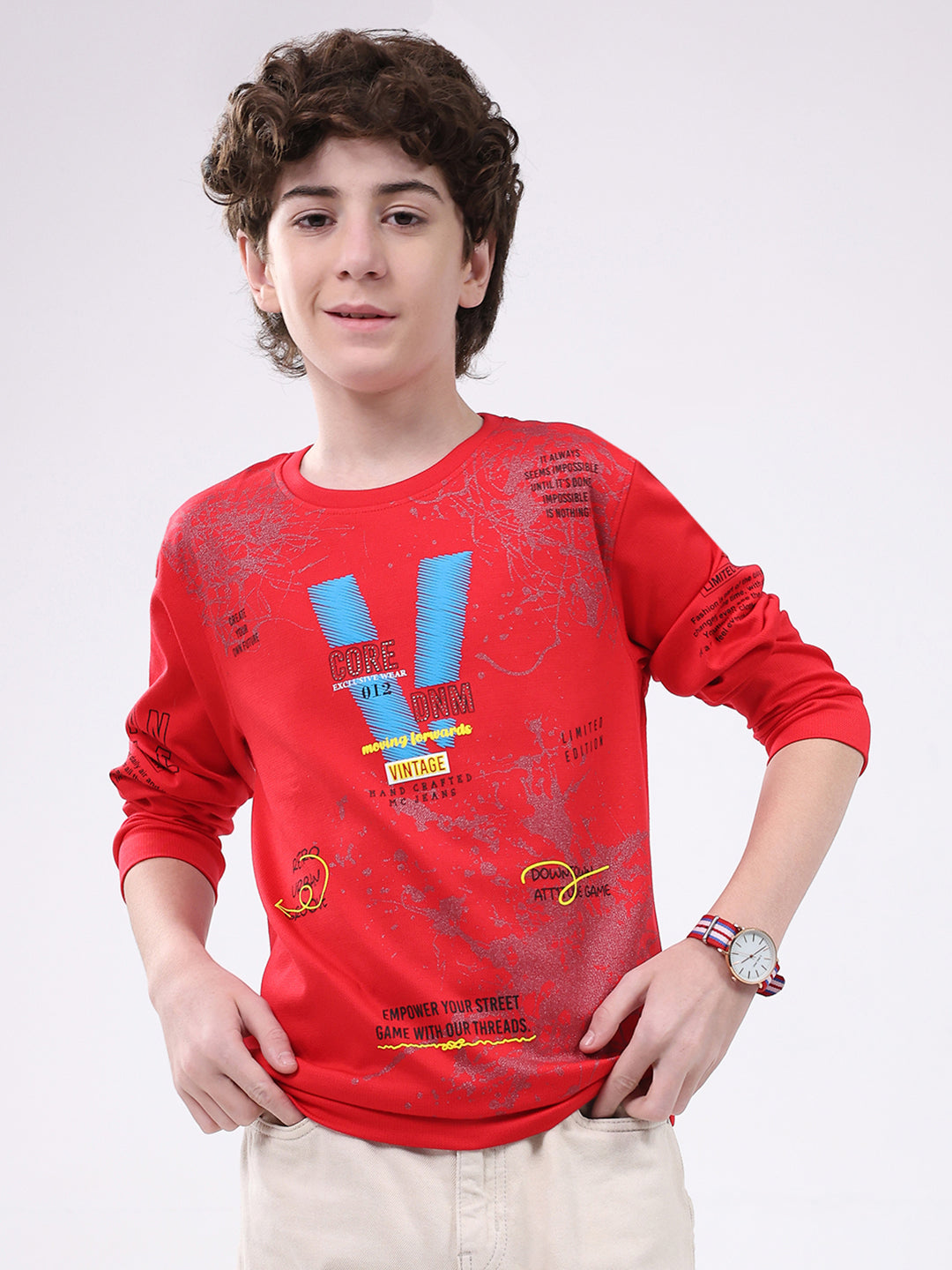 Boys Red Printed Round Neck Full Sleeve Winter T-Shirt