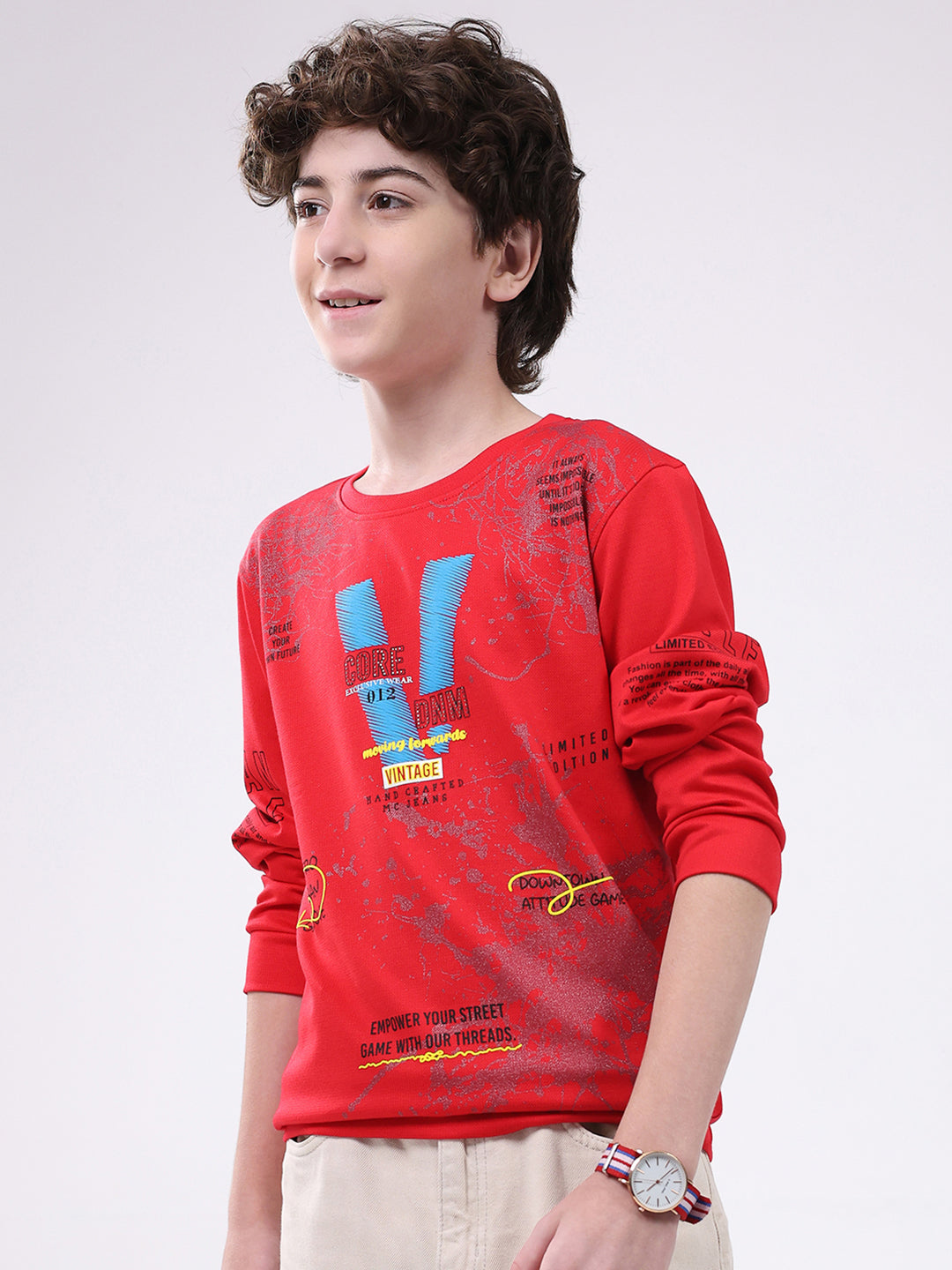 Boys Red Printed Round Neck Full Sleeve Winter T-Shirt