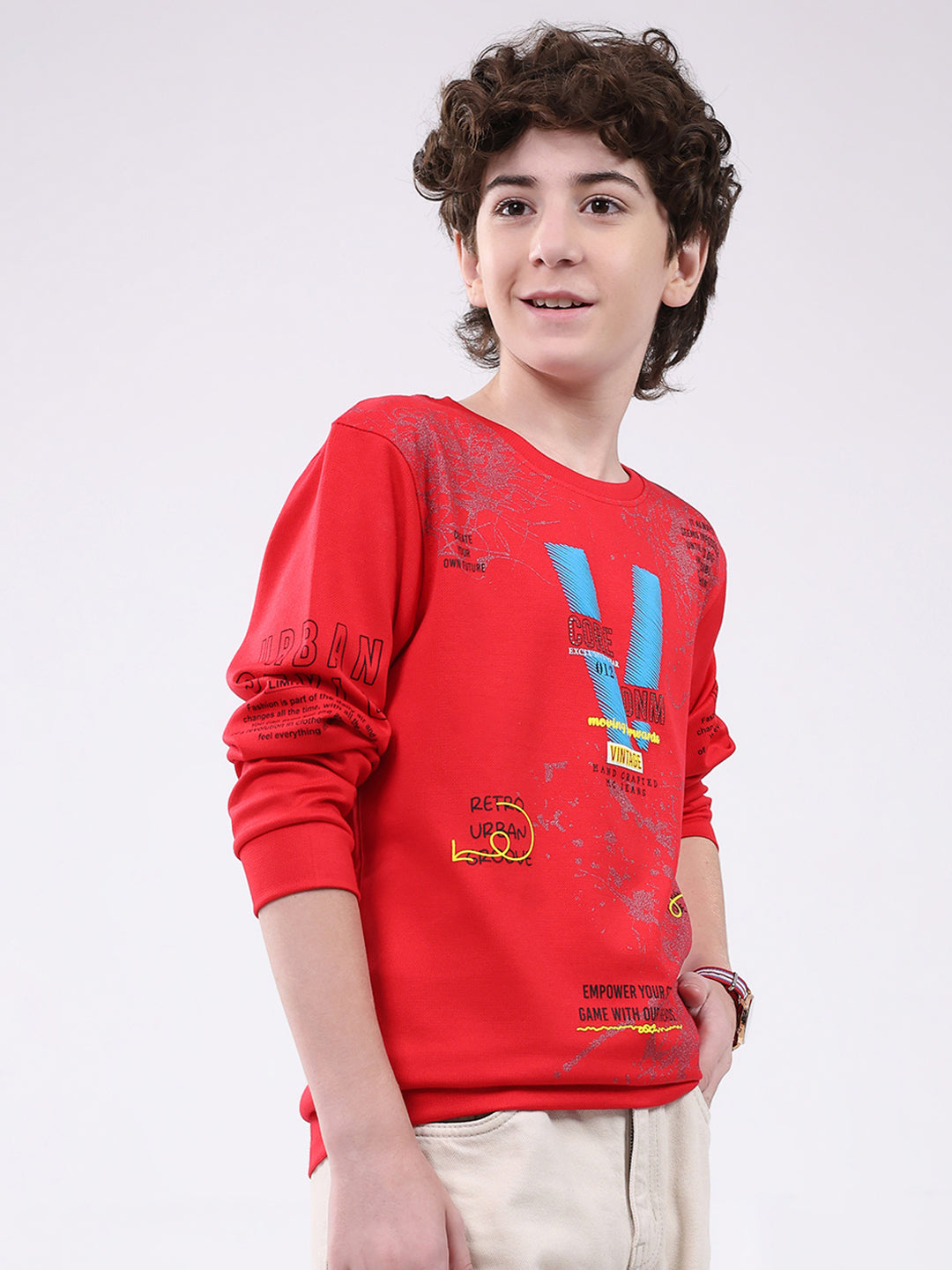 Boys Red Printed Round Neck Full Sleeve Winter T-Shirt