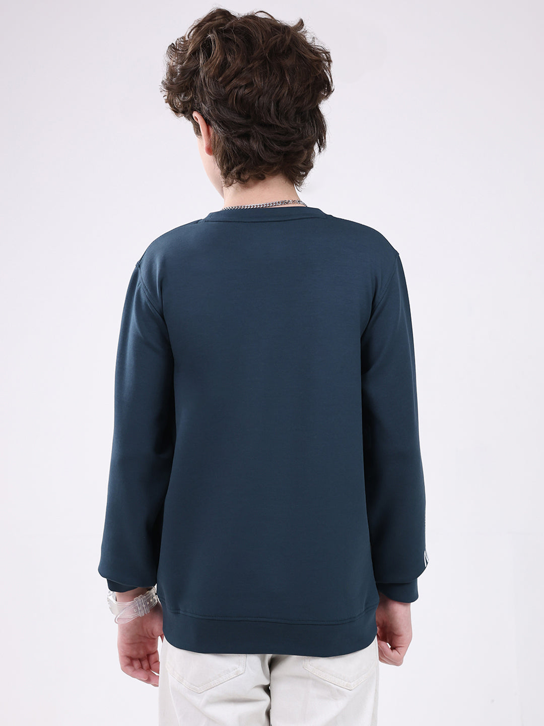 Boys Teal Blue Printed Round Neck Full Sleeve Sweatshirt