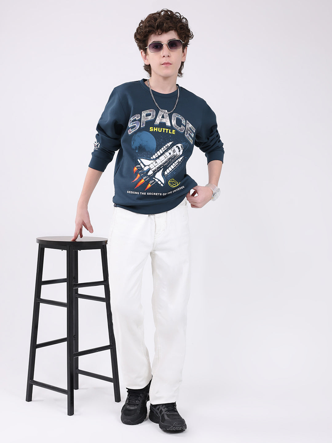 Boys Teal Blue Printed Round Neck Full Sleeve Sweatshirt