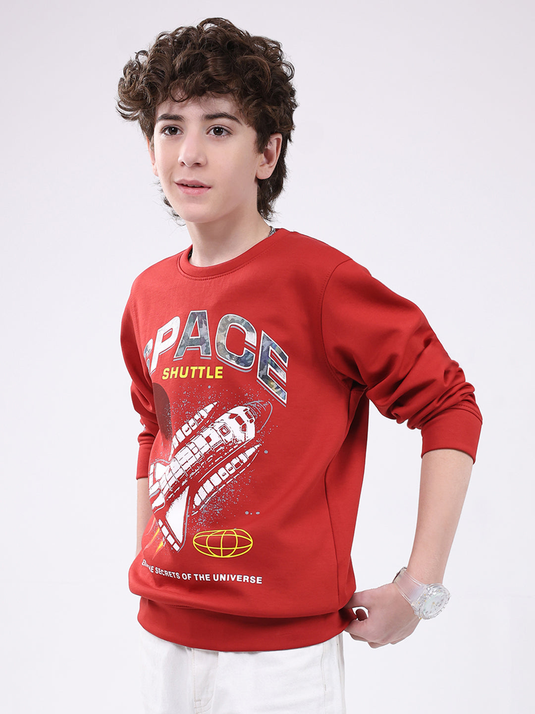 Boys Red Printed Round Neck Full Sleeve Sweatshirt