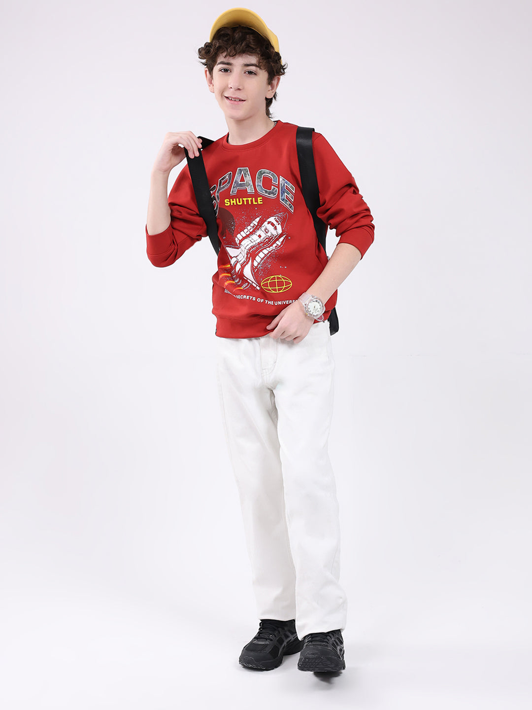 Boys Red Printed Round Neck Full Sleeve Sweatshirt