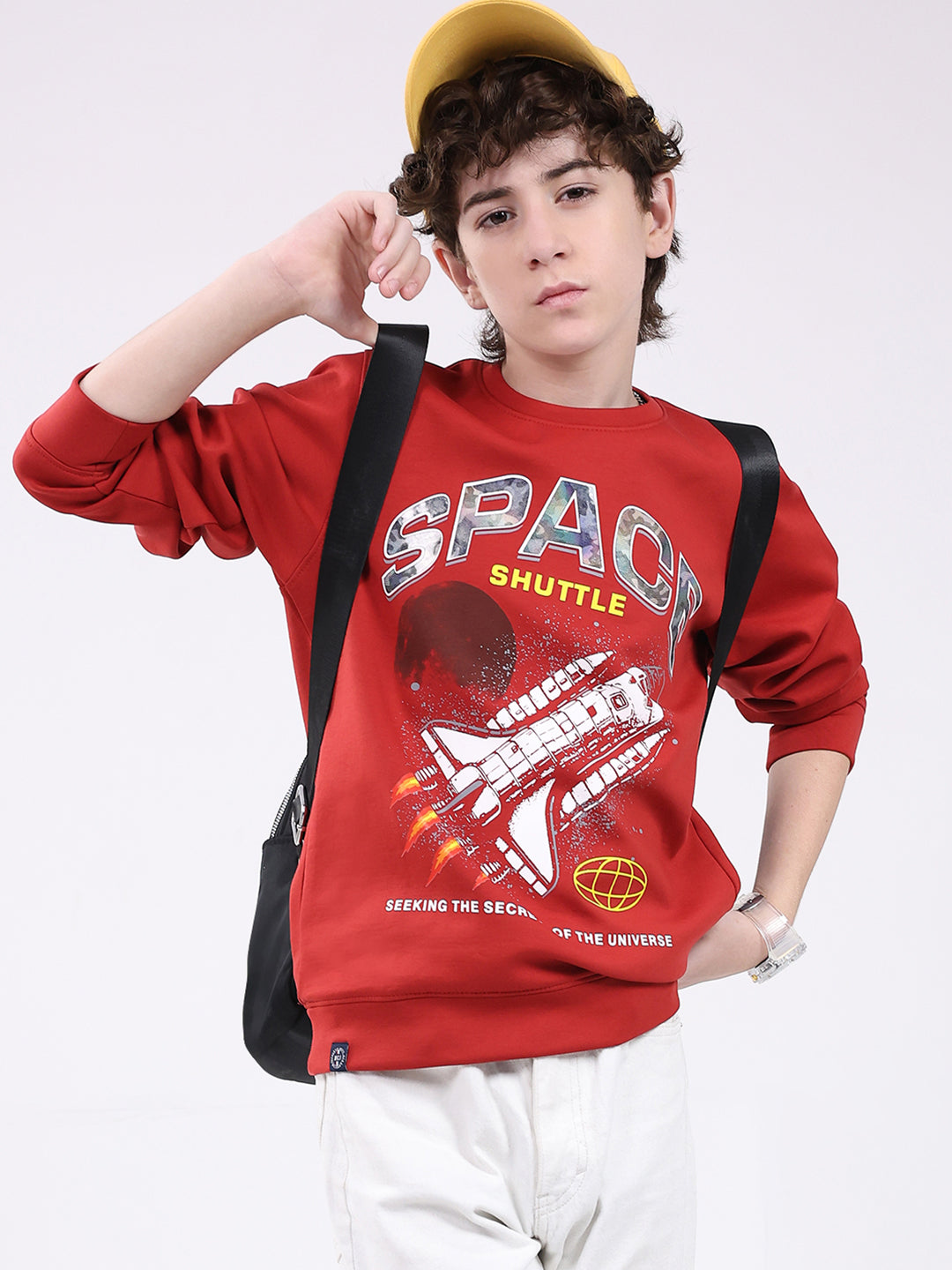 Boys Red Printed Round Neck Full Sleeve Sweatshirt