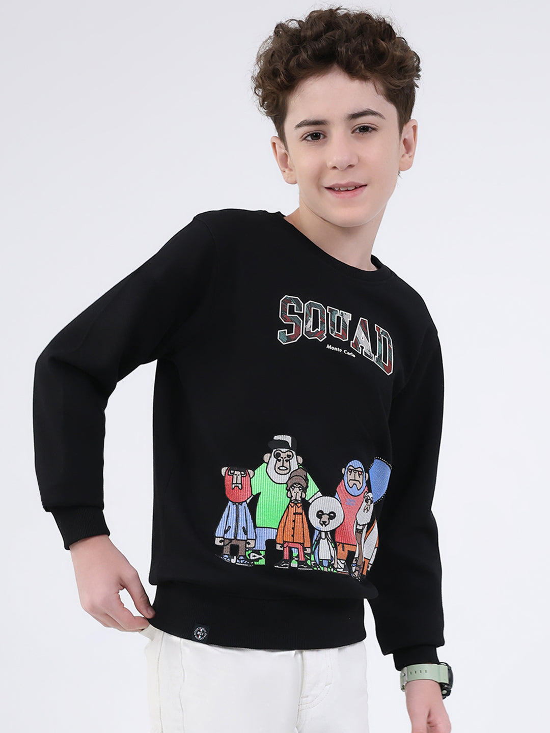 Boys Black Printed Round Neck Full Sleeve Sweatshirt