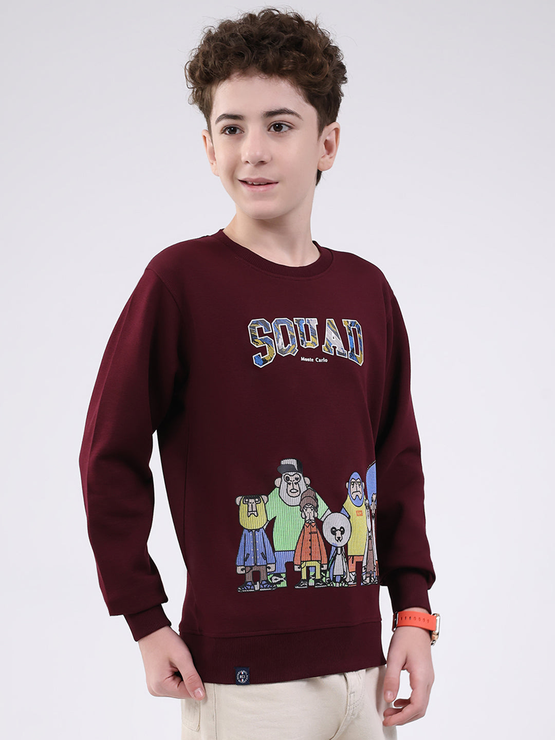 Boys Maroon Printed Round Neck Full Sleeve Sweatshirt