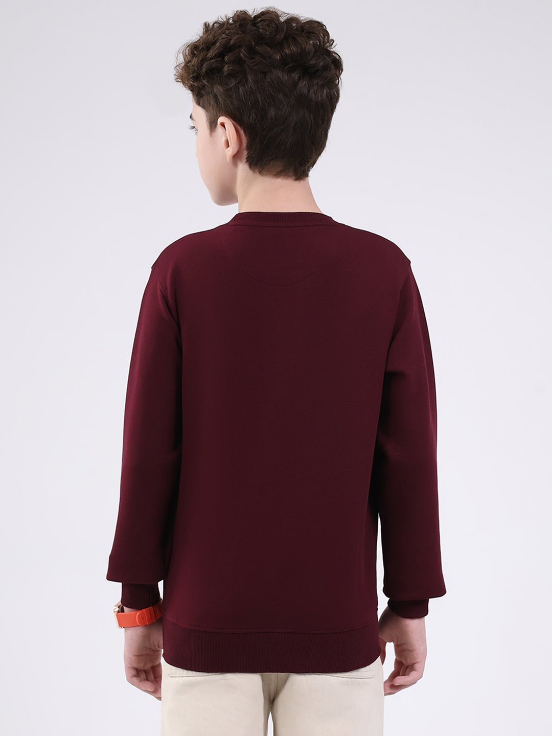 Boys Maroon Printed Round Neck Full Sleeve Sweatshirt
