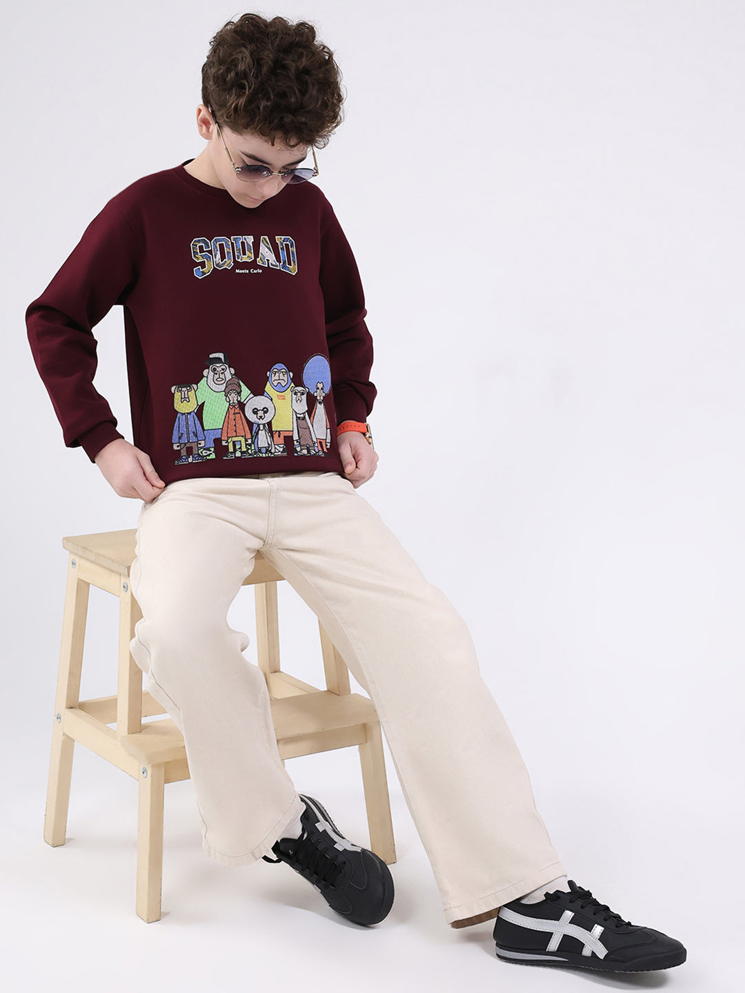 Boys Maroon Printed Round Neck Full Sleeve Sweatshirt