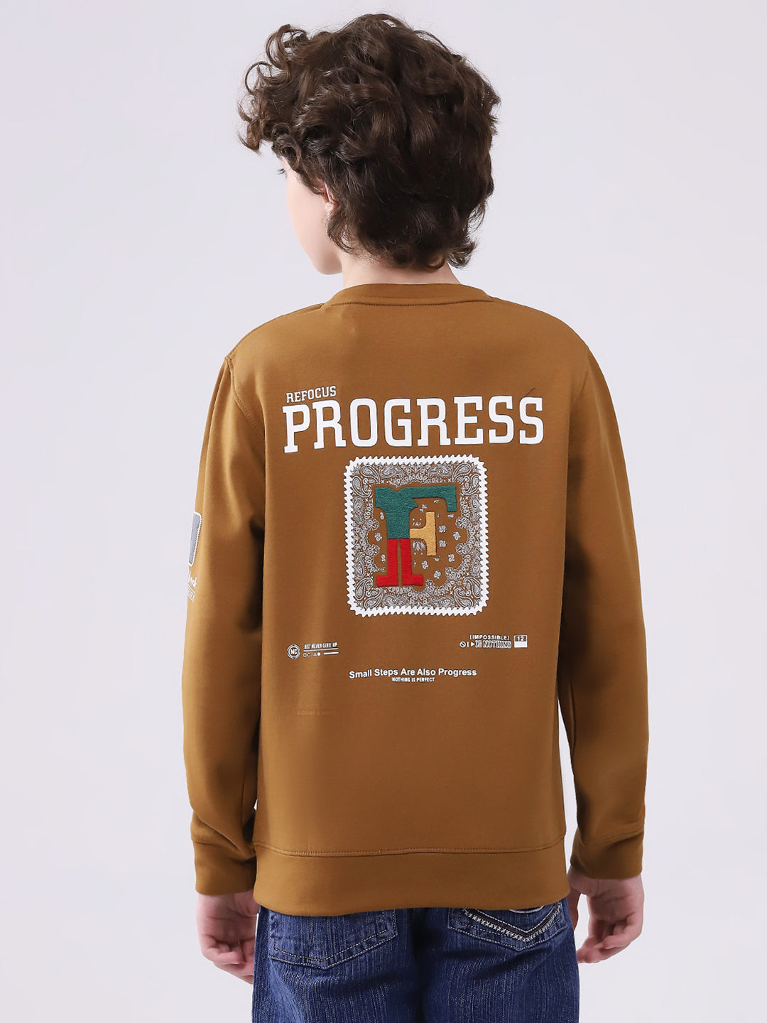 Boys Brown Printed Round Neck Full Sleeve Sweatshirt