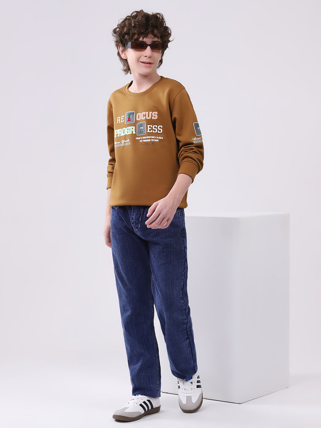 Boys Brown Printed Round Neck Full Sleeve Sweatshirt