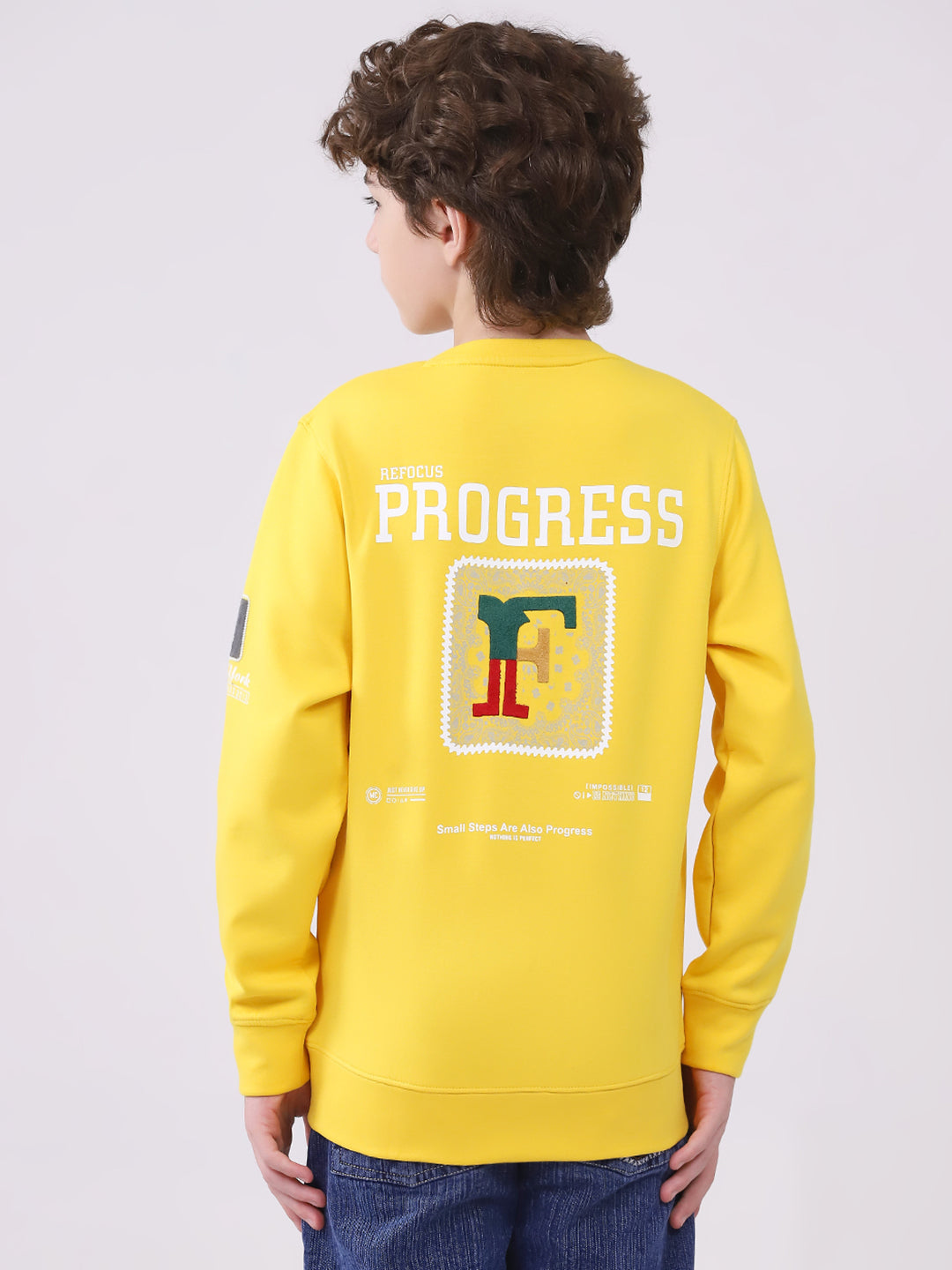 Boys Yellow Printed Round Neck Full Sleeve Sweatshirt