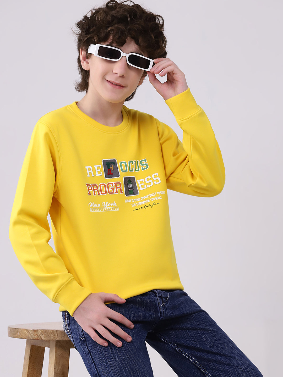 Boys Yellow Printed Round Neck Full Sleeve Sweatshirt