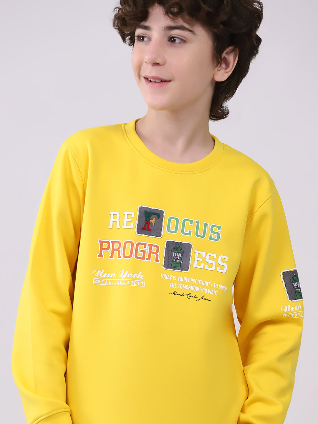 Boys Yellow Printed Round Neck Full Sleeve Sweatshirt