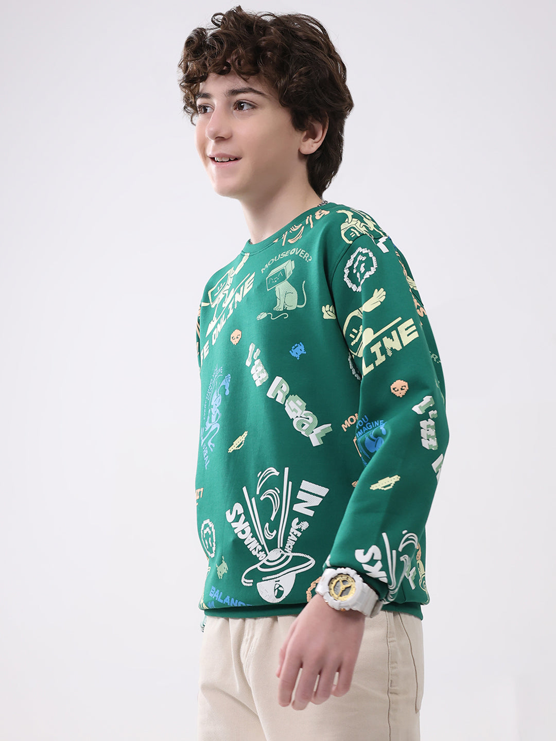 Boys Green Printed Round Neck Full Sleeve Sweatshirt