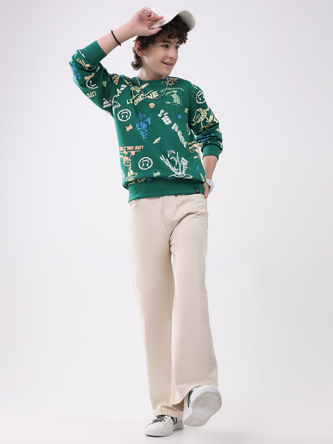 Boys Green Printed Round Neck Full Sleeve Sweatshirt
