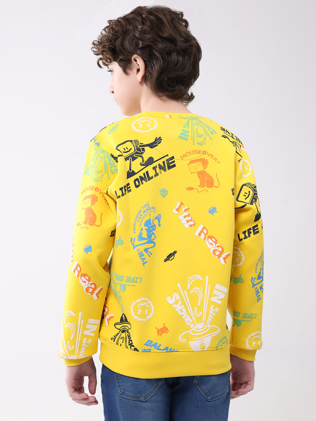 Boys Yellow Printed Round Neck Full Sleeve Sweatshirt