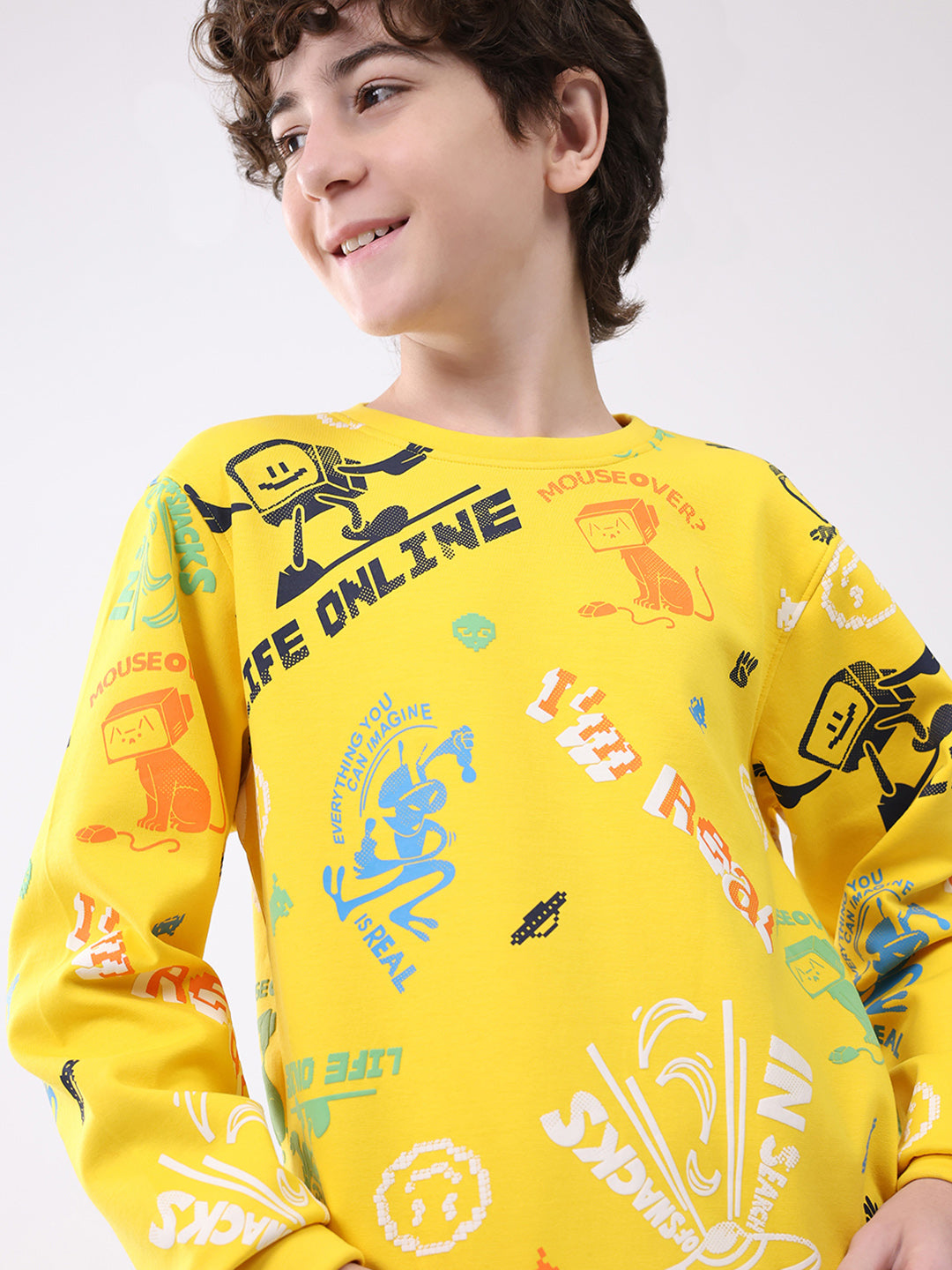Boys Yellow Printed Round Neck Full Sleeve Sweatshirt