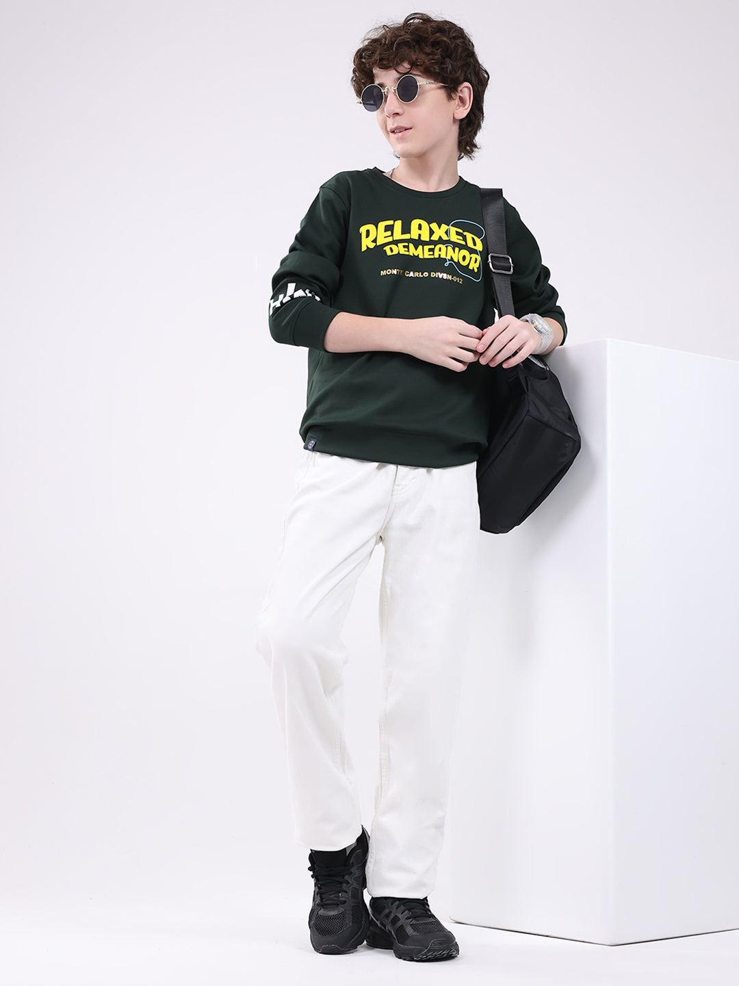 Boys Green Printed Round Neck Full Sleeve Sweatshirt