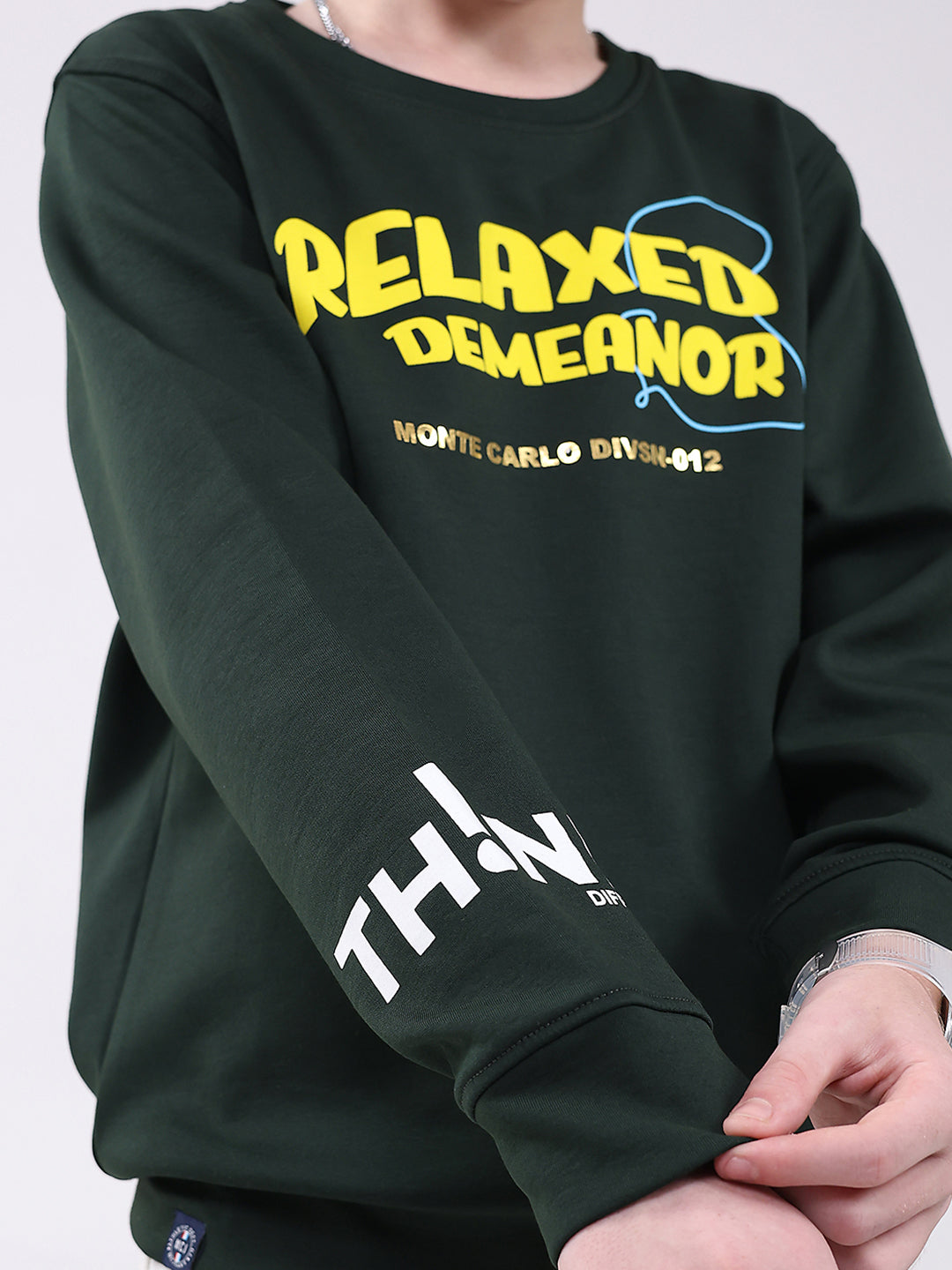 Boys Green Printed Round Neck Full Sleeve Sweatshirt