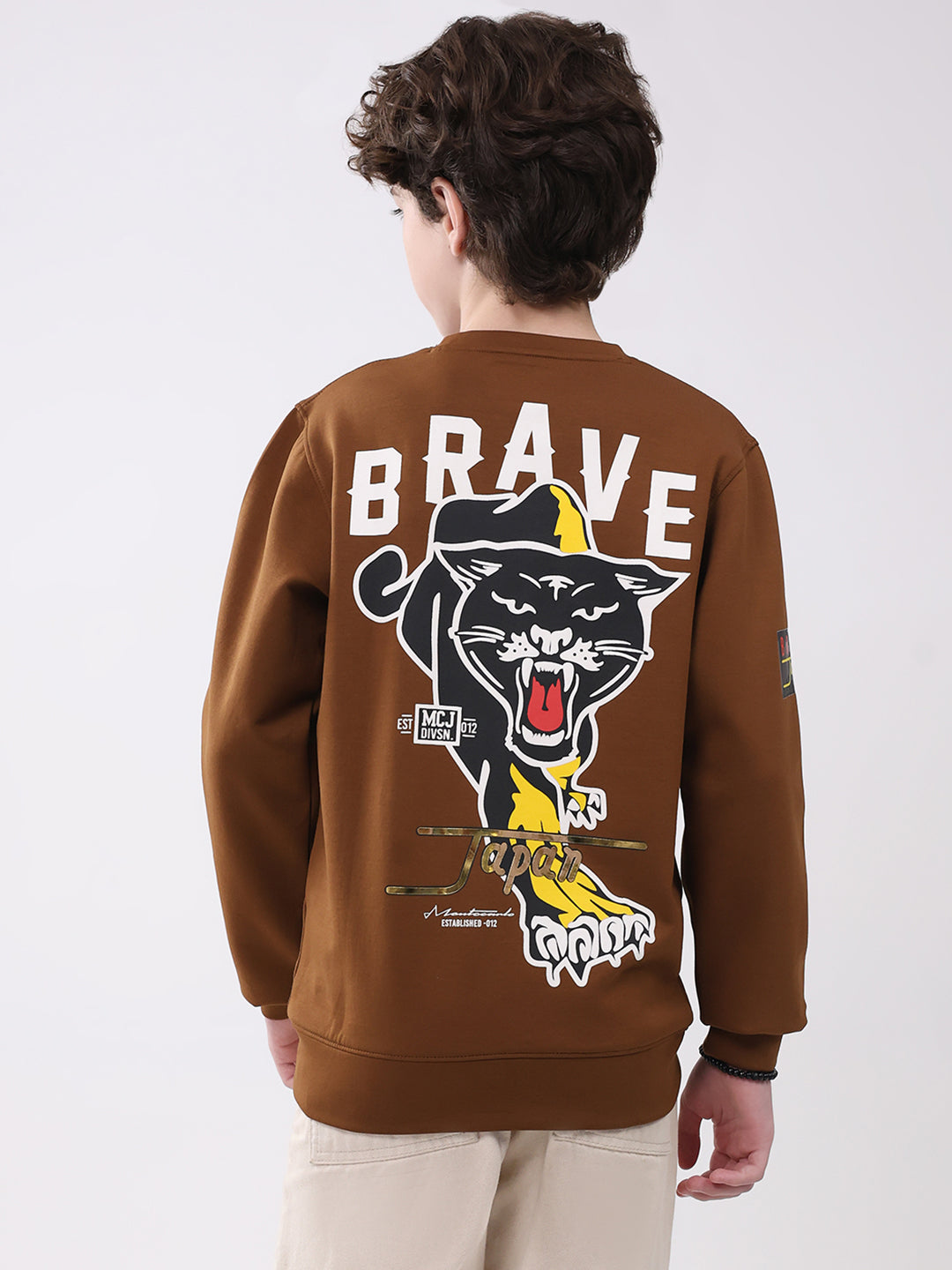 Boys Brown Printed Round Neck Full Sleeve Sweatshirt