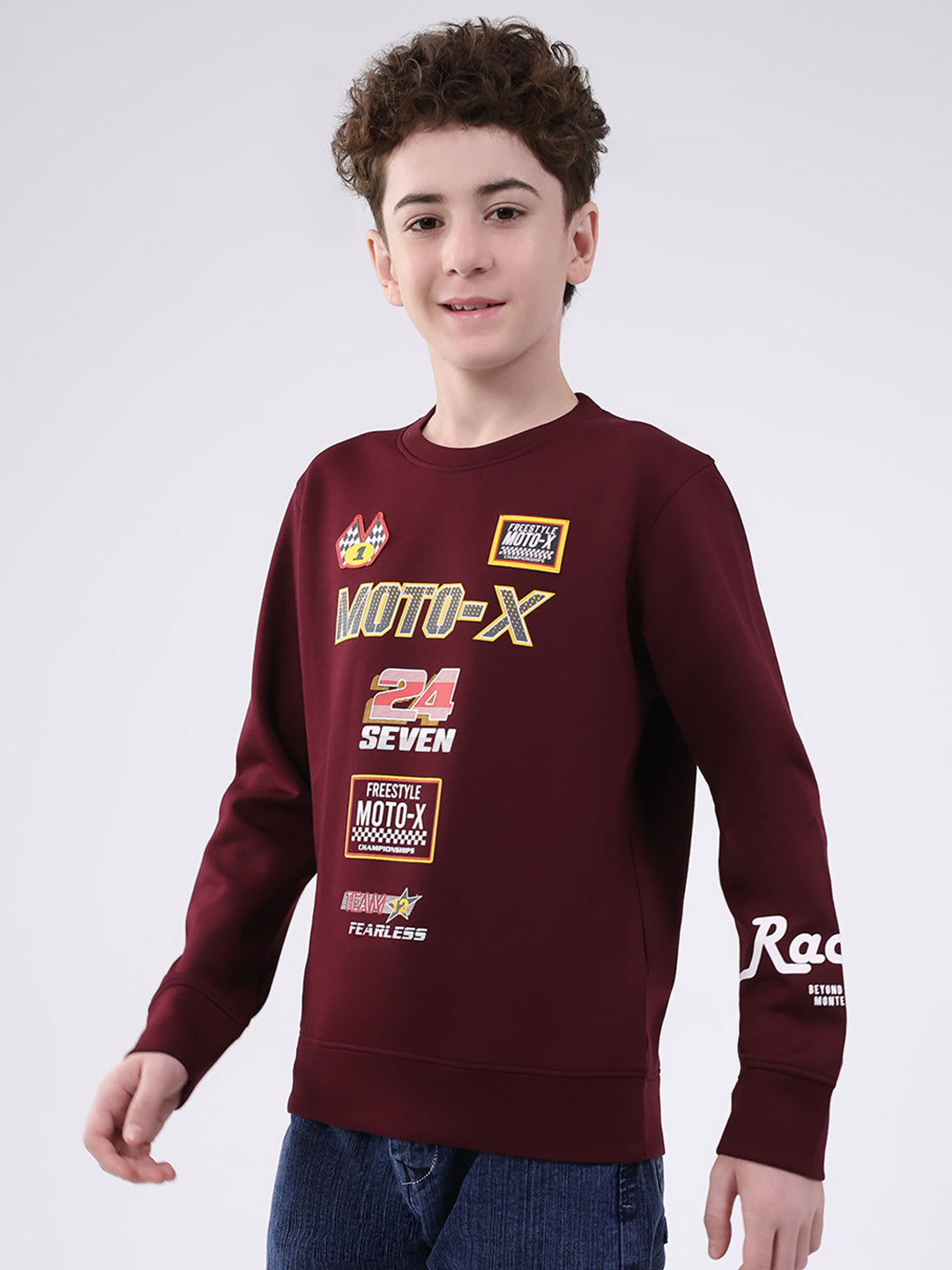 Boys Maroon Printed Round Neck Full Sleeve Sweatshirt