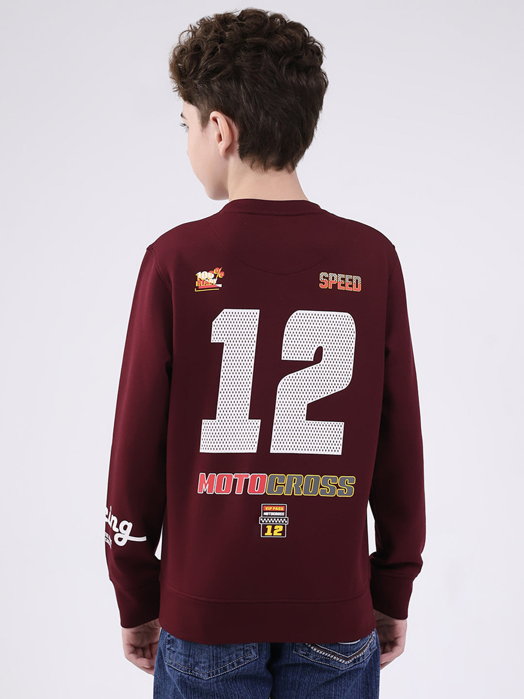 Boys Maroon Printed Round Neck Full Sleeve Sweatshirt