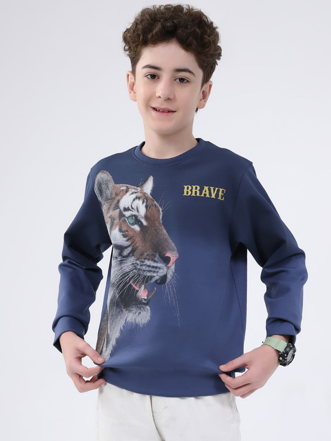 Boys Navy Blue Printed Round Neck Full Sleeve Sweatshirt