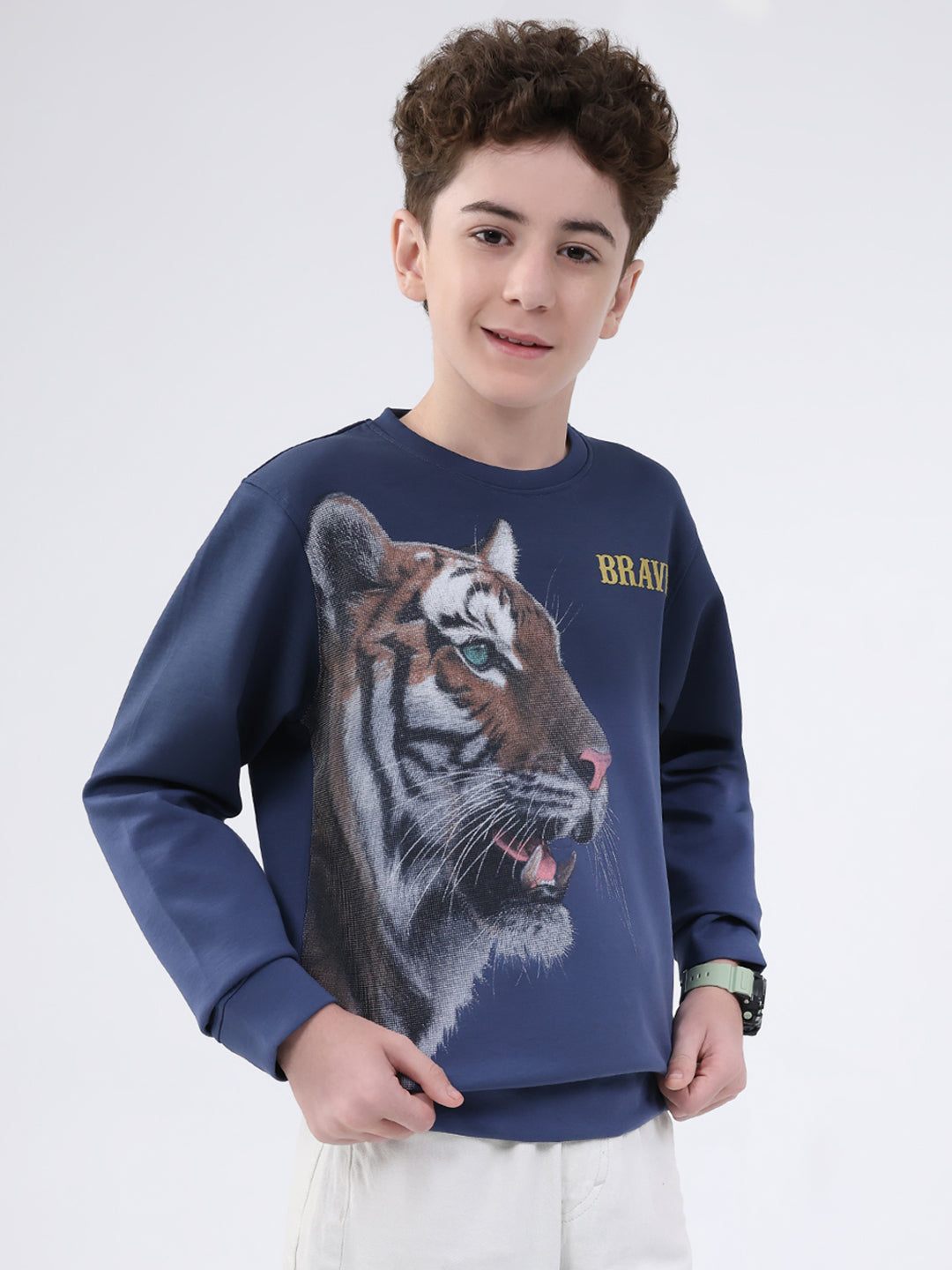 Boys Navy Blue Printed Round Neck Full Sleeve Sweatshirt
