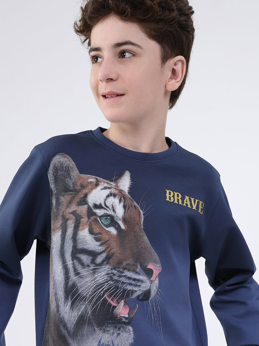 Boys Navy Blue Printed Round Neck Full Sleeve Sweatshirt