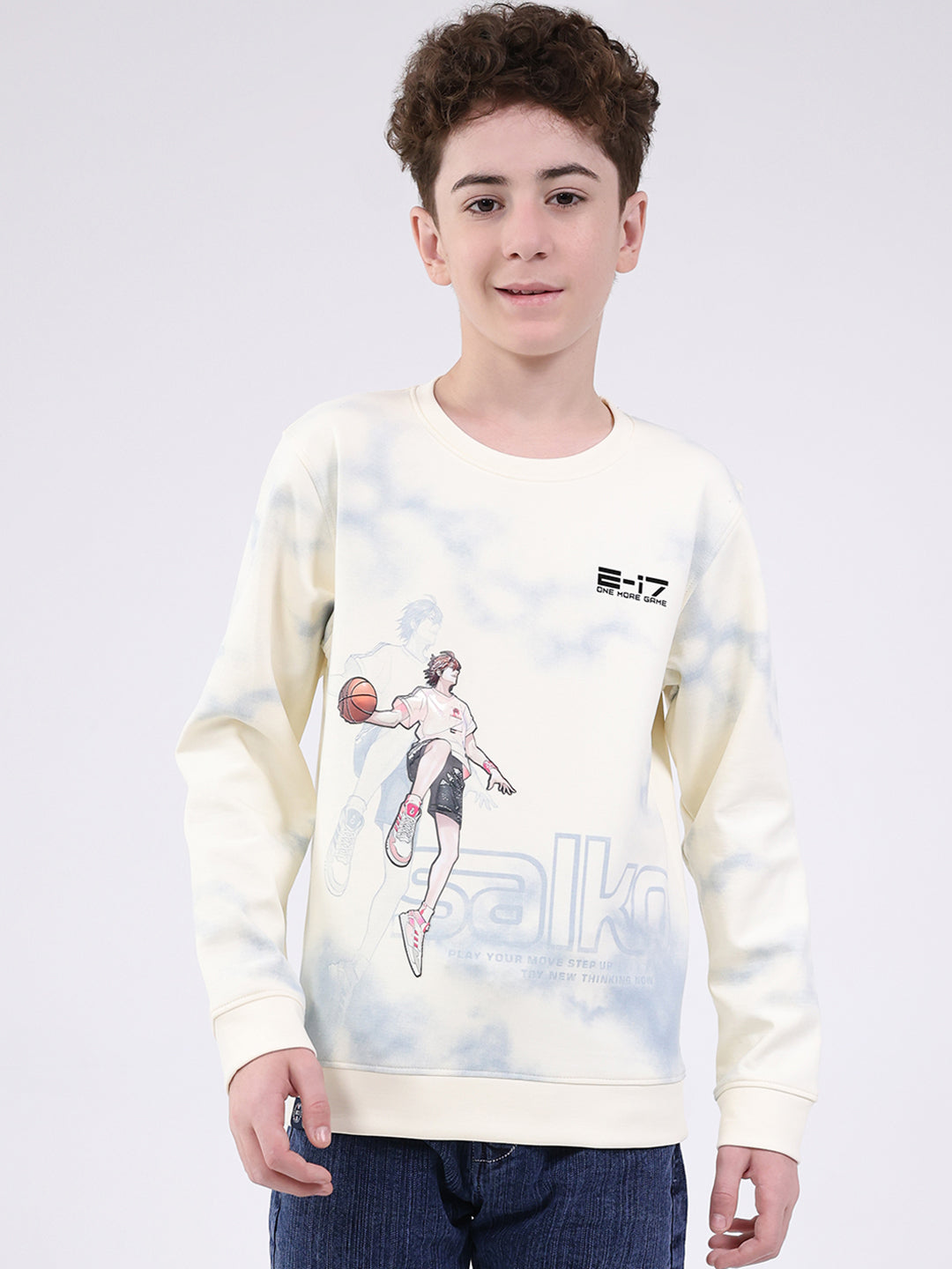 Boys Off White Printed Round Neck Full Sleeve Sweatshirt