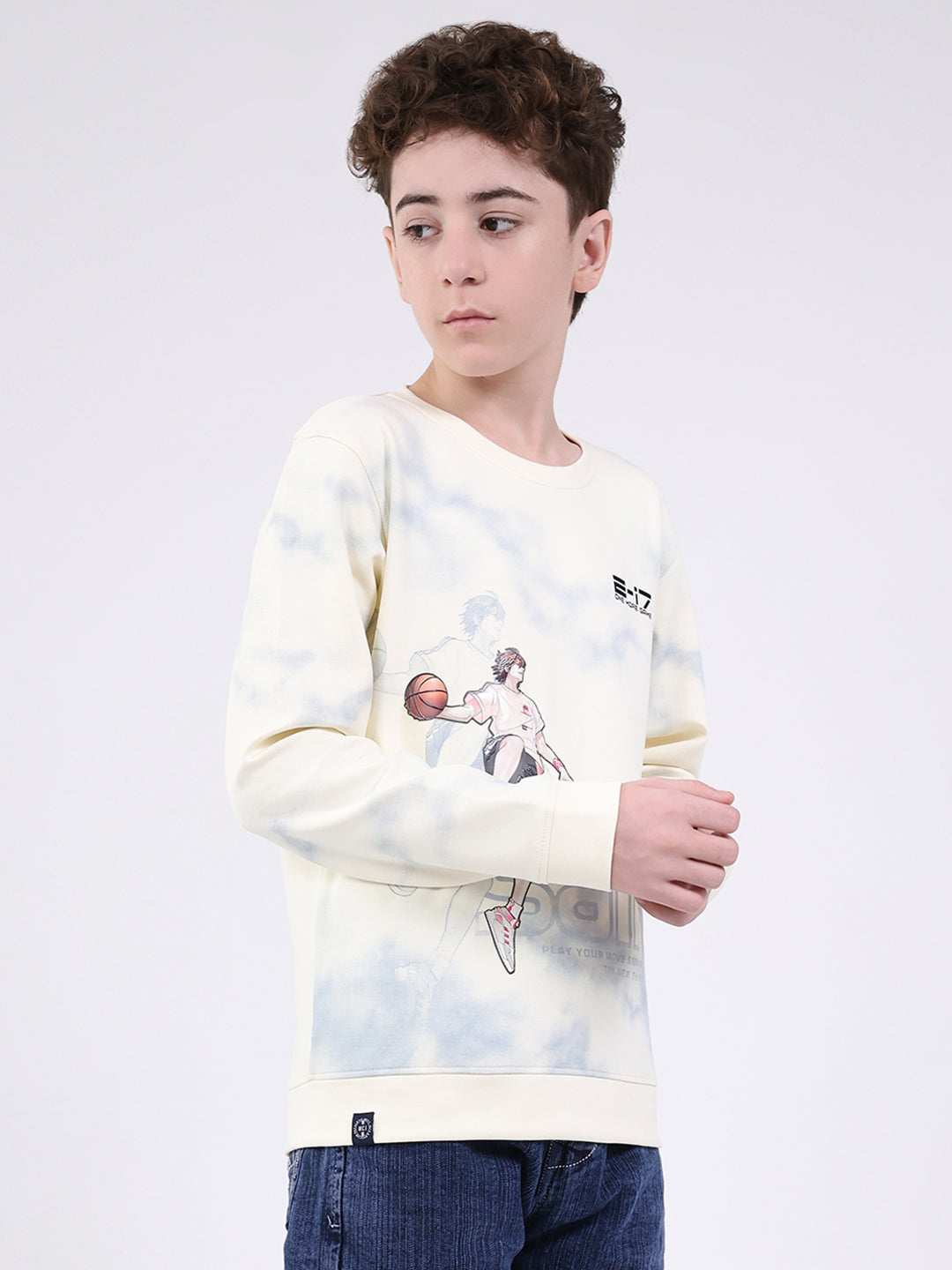 Boys Off White Printed Round Neck Full Sleeve Sweatshirt