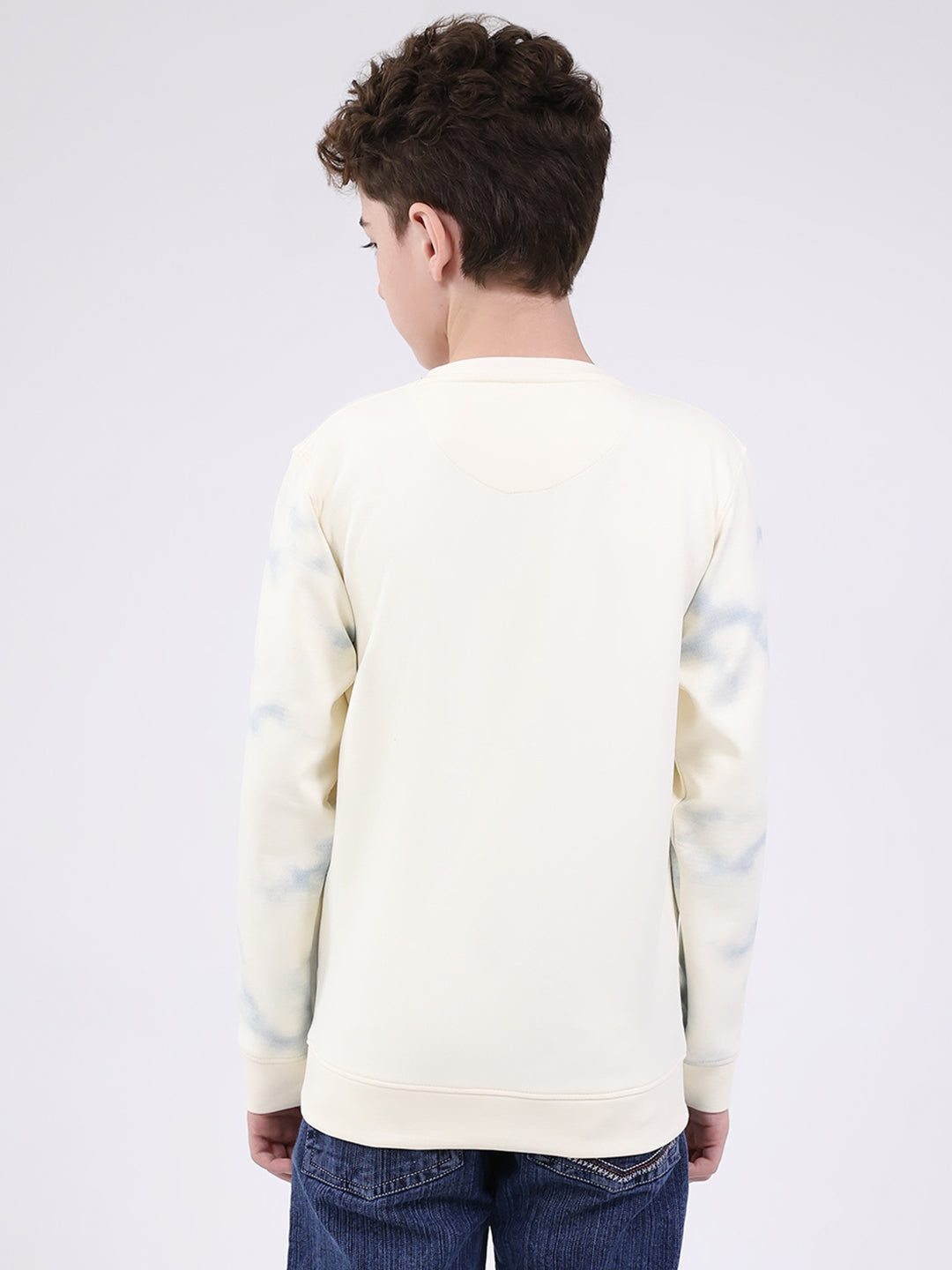 Boys Off White Printed Round Neck Full Sleeve Sweatshirt