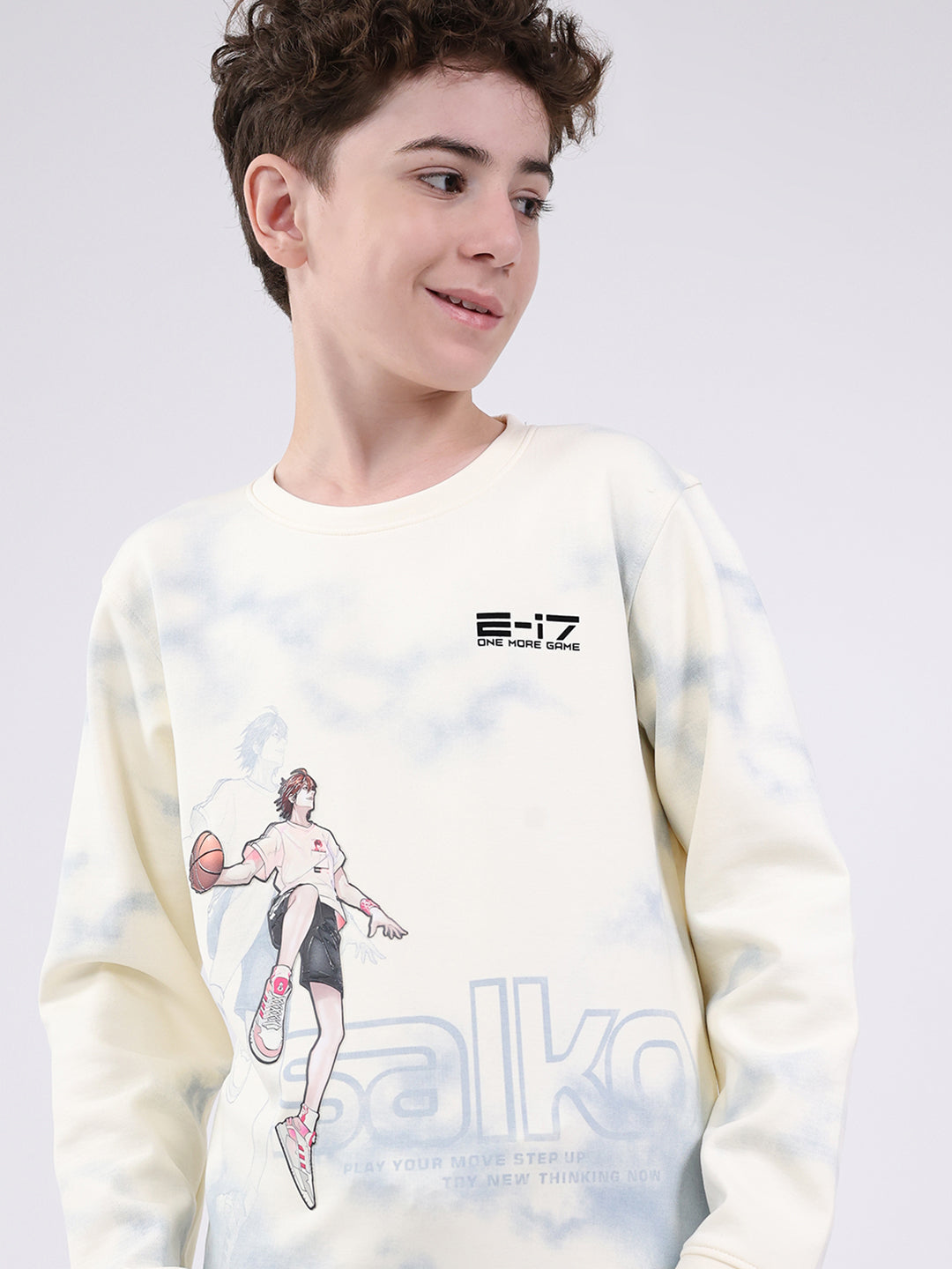 Boys Off White Printed Round Neck Full Sleeve Sweatshirt