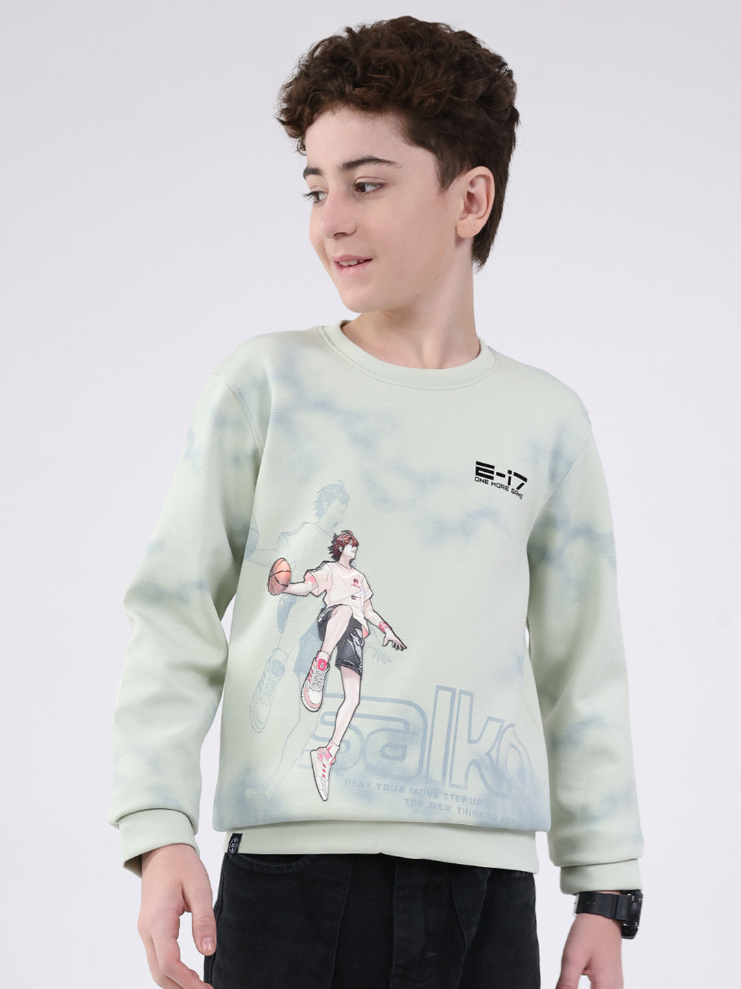 Boys Green Printed Round Neck Full Sleeve Sweatshirt