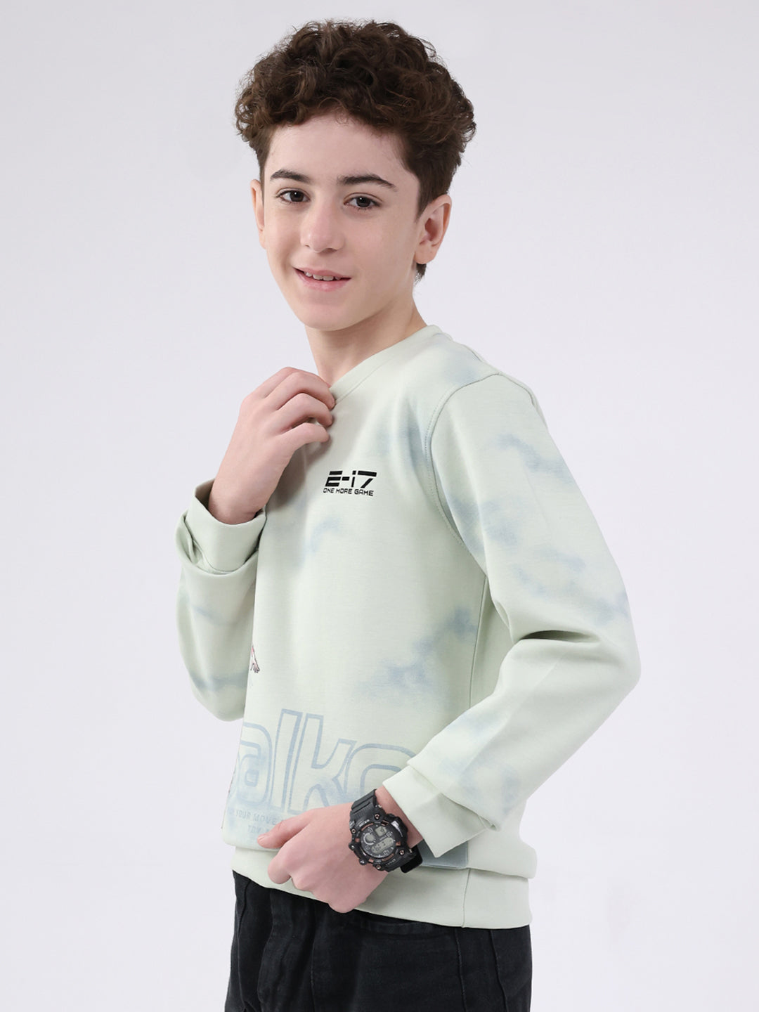 Boys Green Printed Round Neck Full Sleeve Sweatshirt