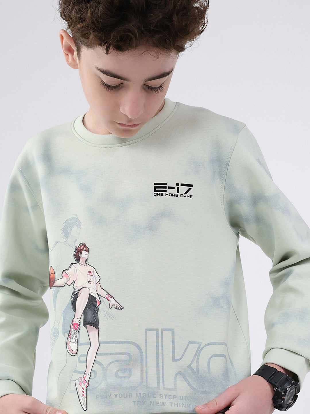 Boys Green Printed Round Neck Full Sleeve Sweatshirt