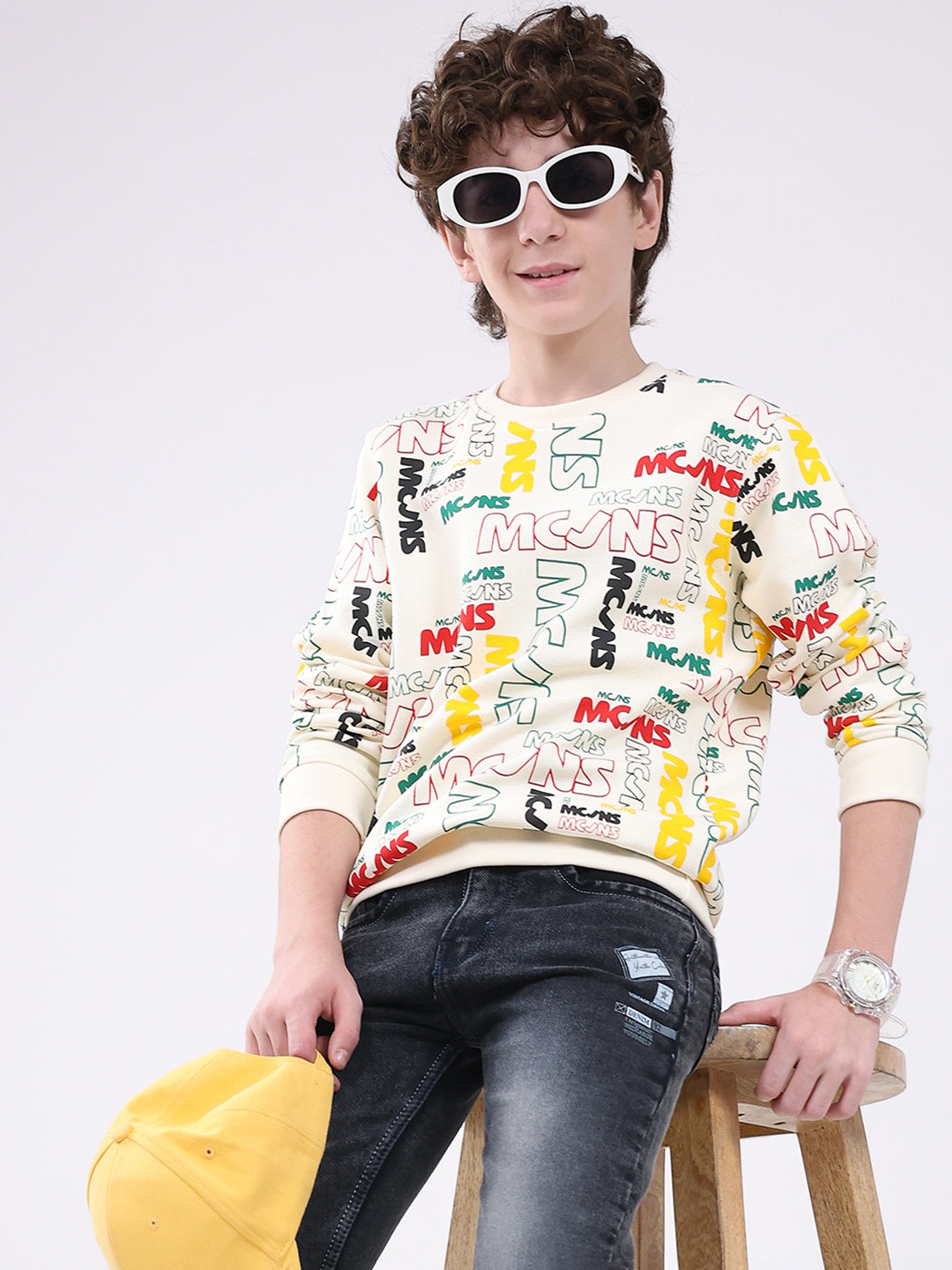 Boys Cream Printed Round Neck Full Sleeve Sweatshirt