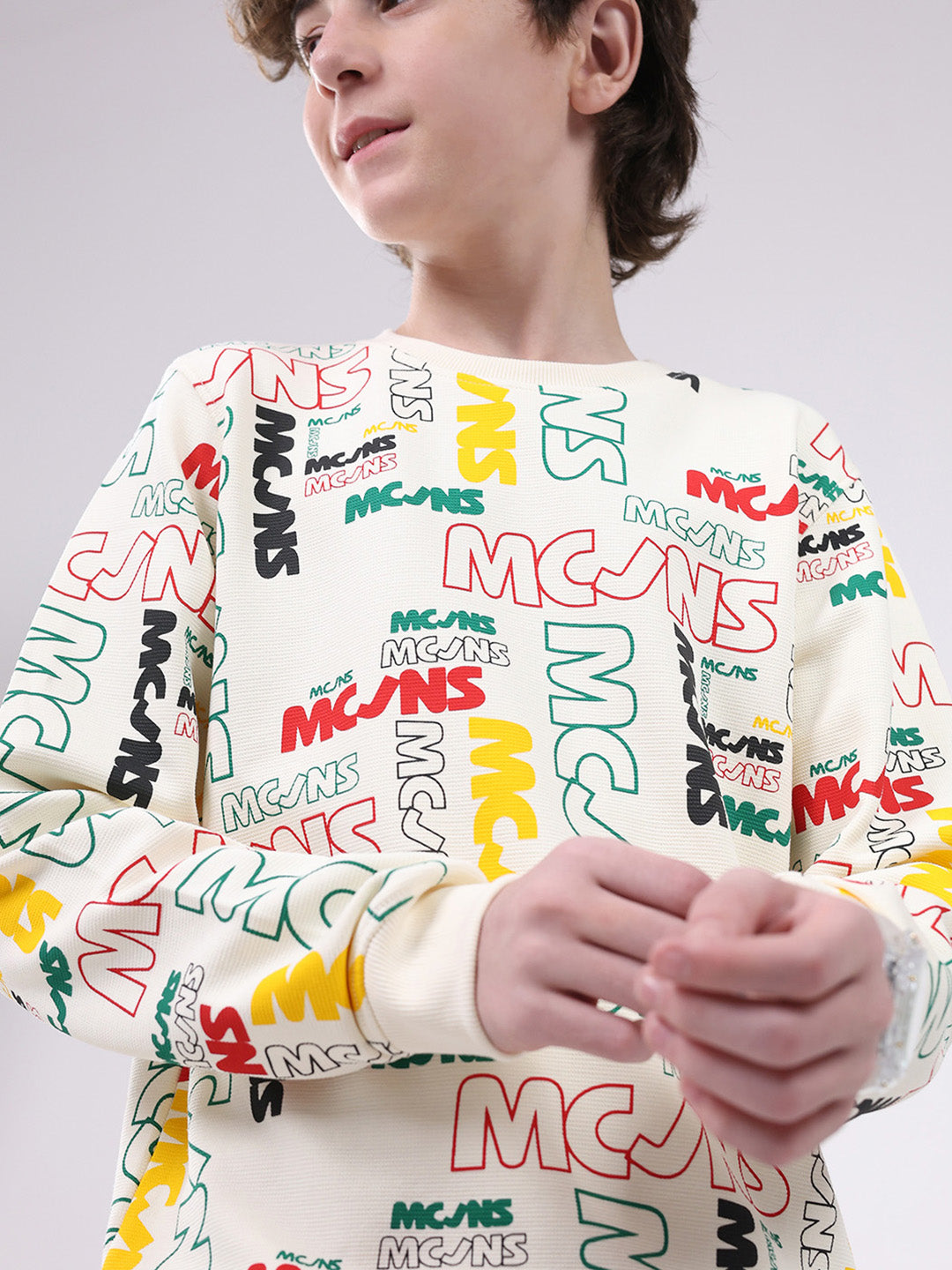 Boys Cream Printed Round Neck Full Sleeve Sweatshirt