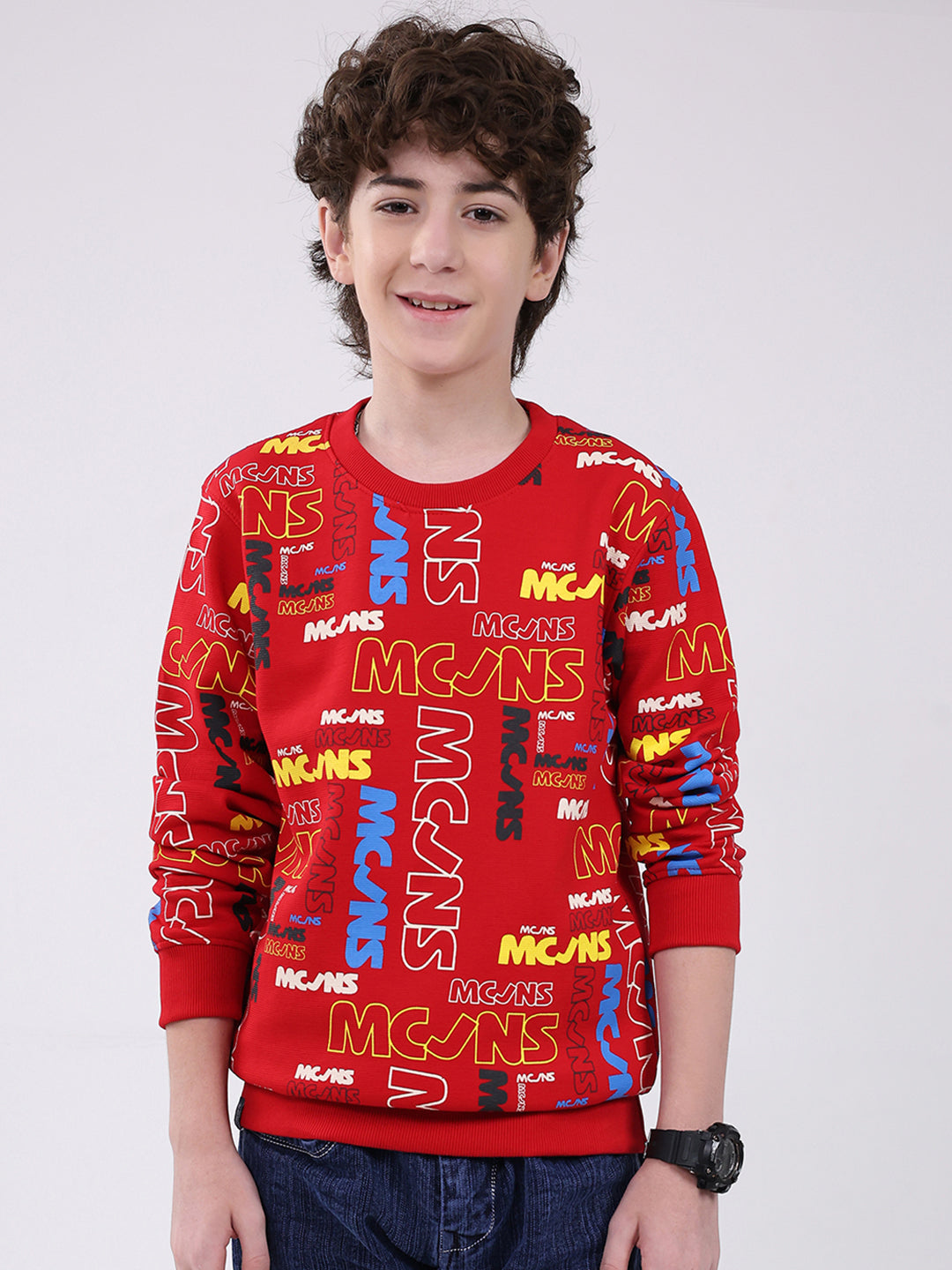 Boys Red Printed Round Neck Full Sleeve Sweatshirt