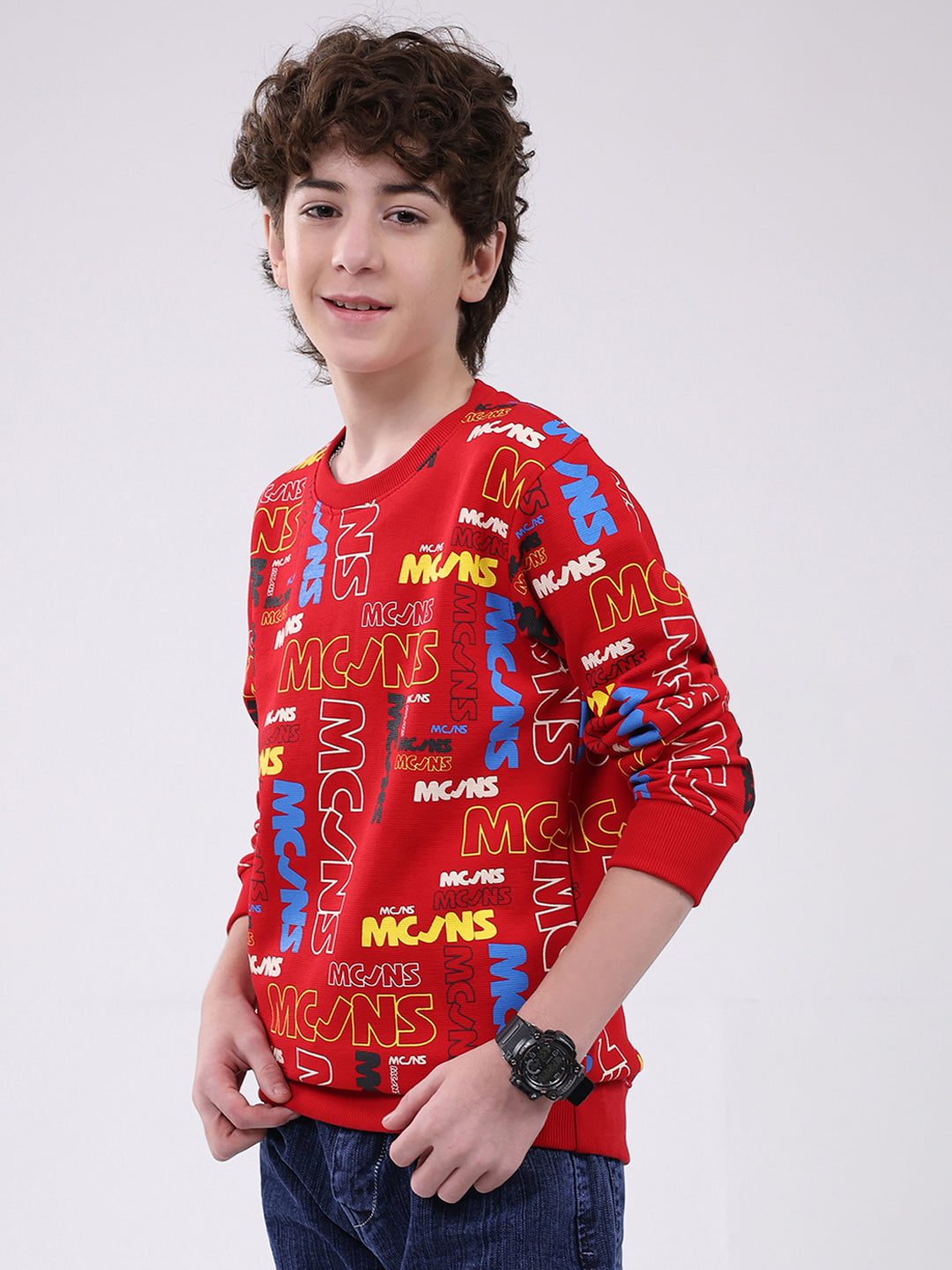 Boys Red Printed Round Neck Full Sleeve Sweatshirt