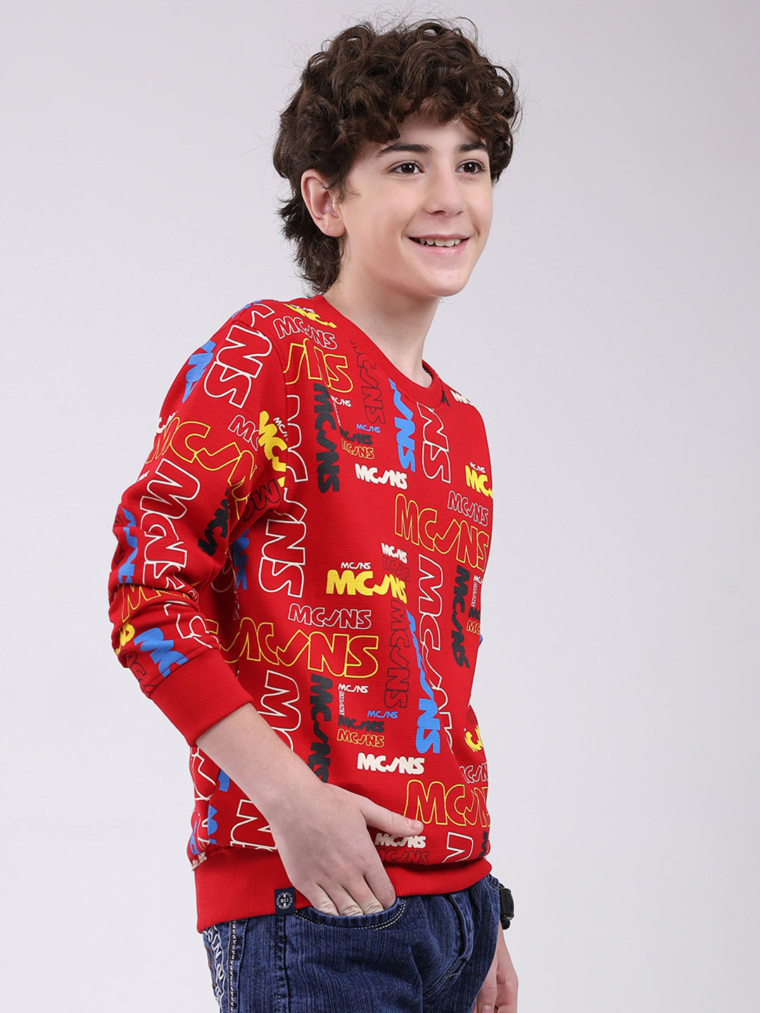 Boys Red Printed Round Neck Full Sleeve Sweatshirt