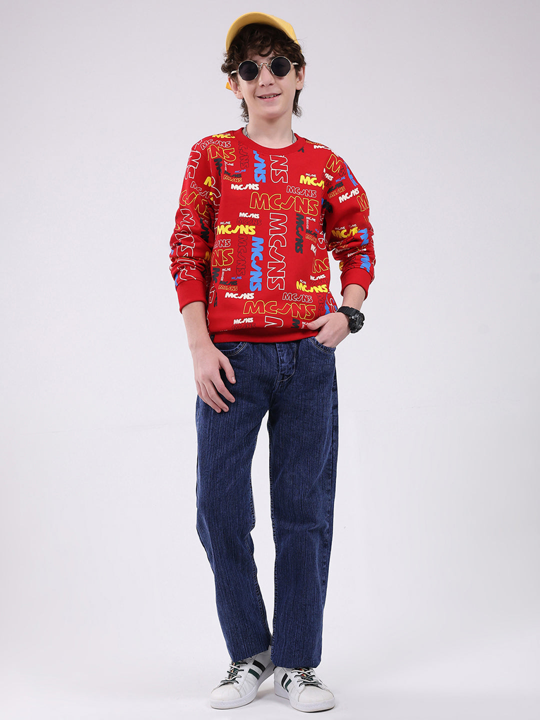 Boys Red Printed Round Neck Full Sleeve Sweatshirt