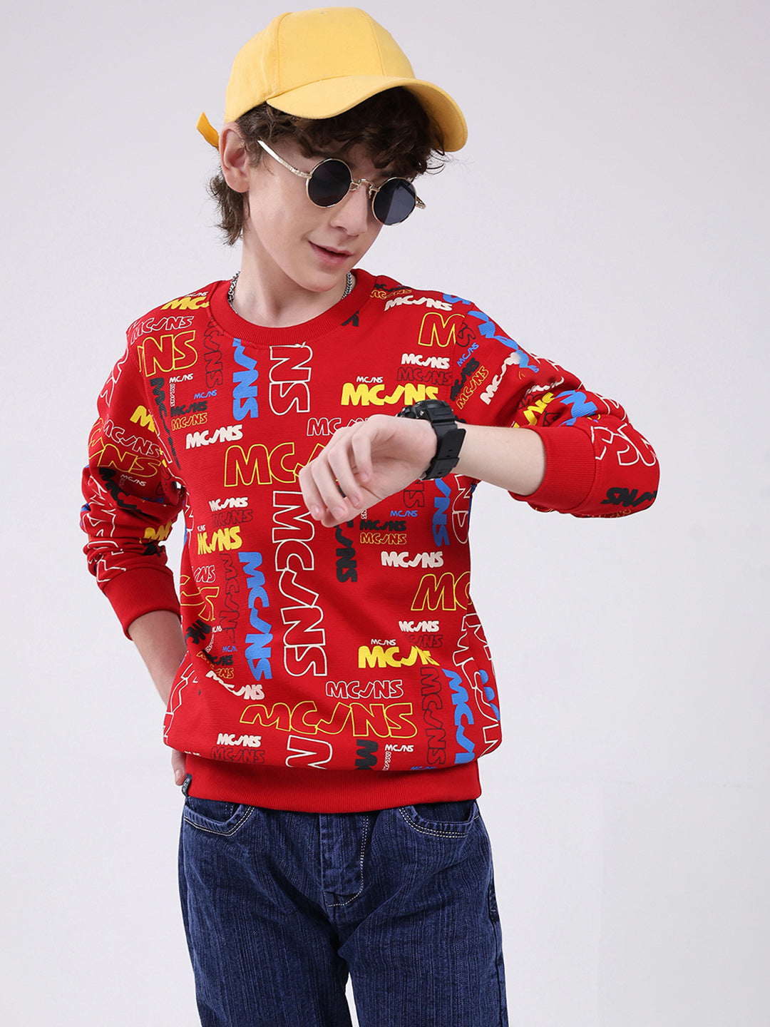Boys Red Printed Round Neck Full Sleeve Sweatshirt