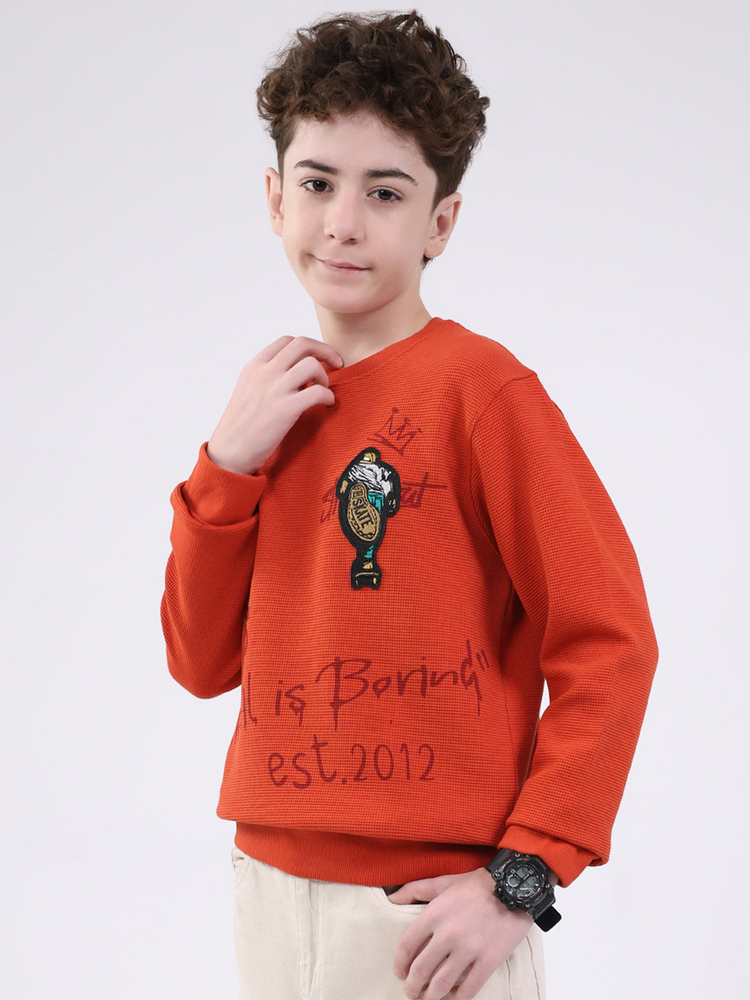 Boys Orange Printed Round Neck Full Sleeve Sweatshirt
