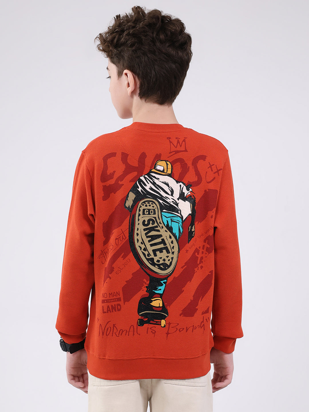 Boys Orange Printed Round Neck Full Sleeve Sweatshirt