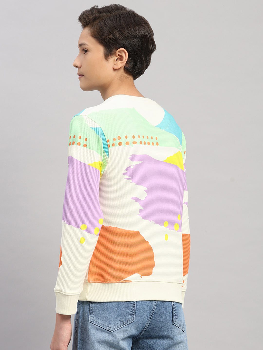 Boys Off White Printed Round Neck Full Sleeve Sweatshirt