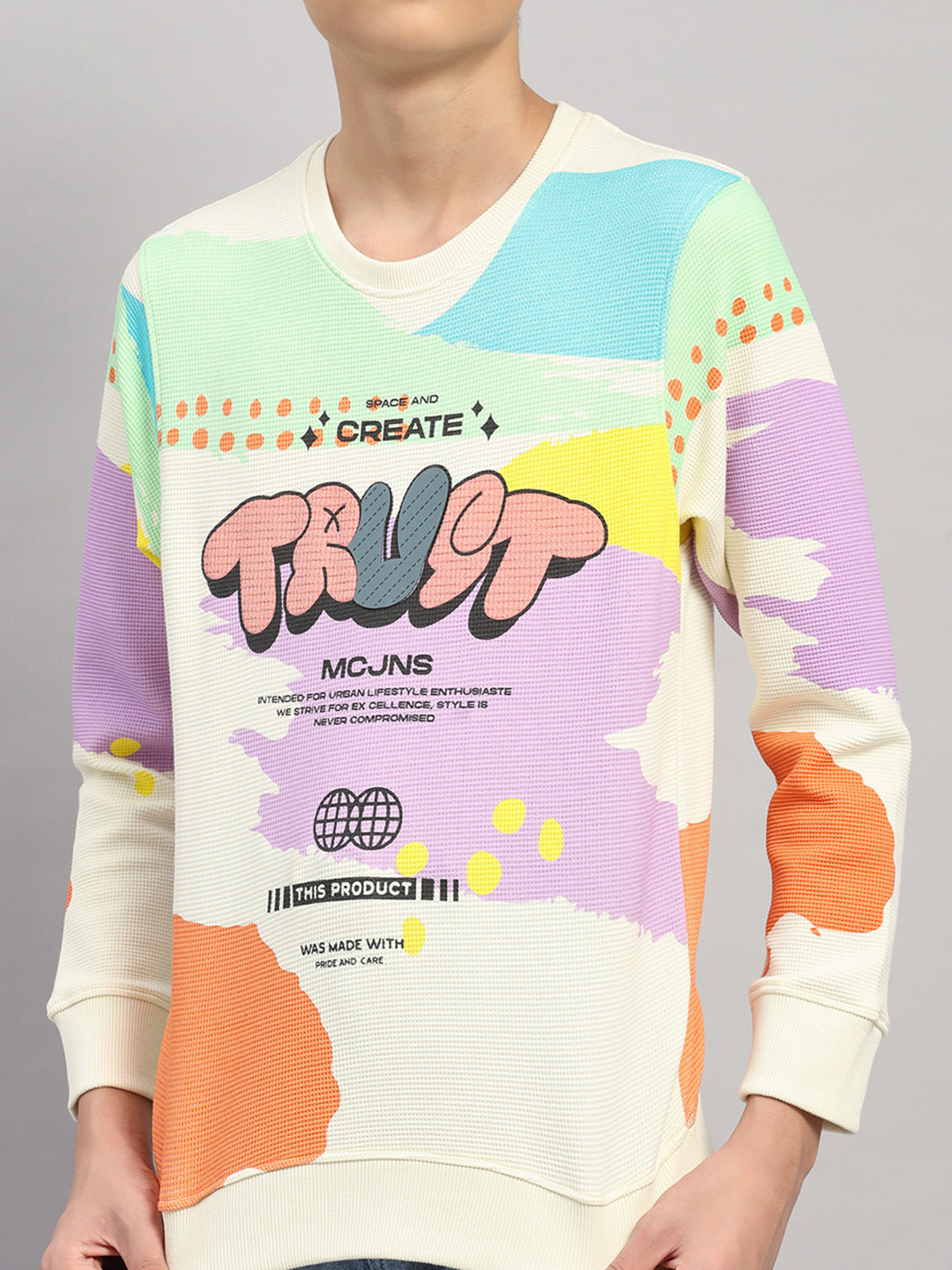 Boys Off White Printed Round Neck Full Sleeve Sweatshirt